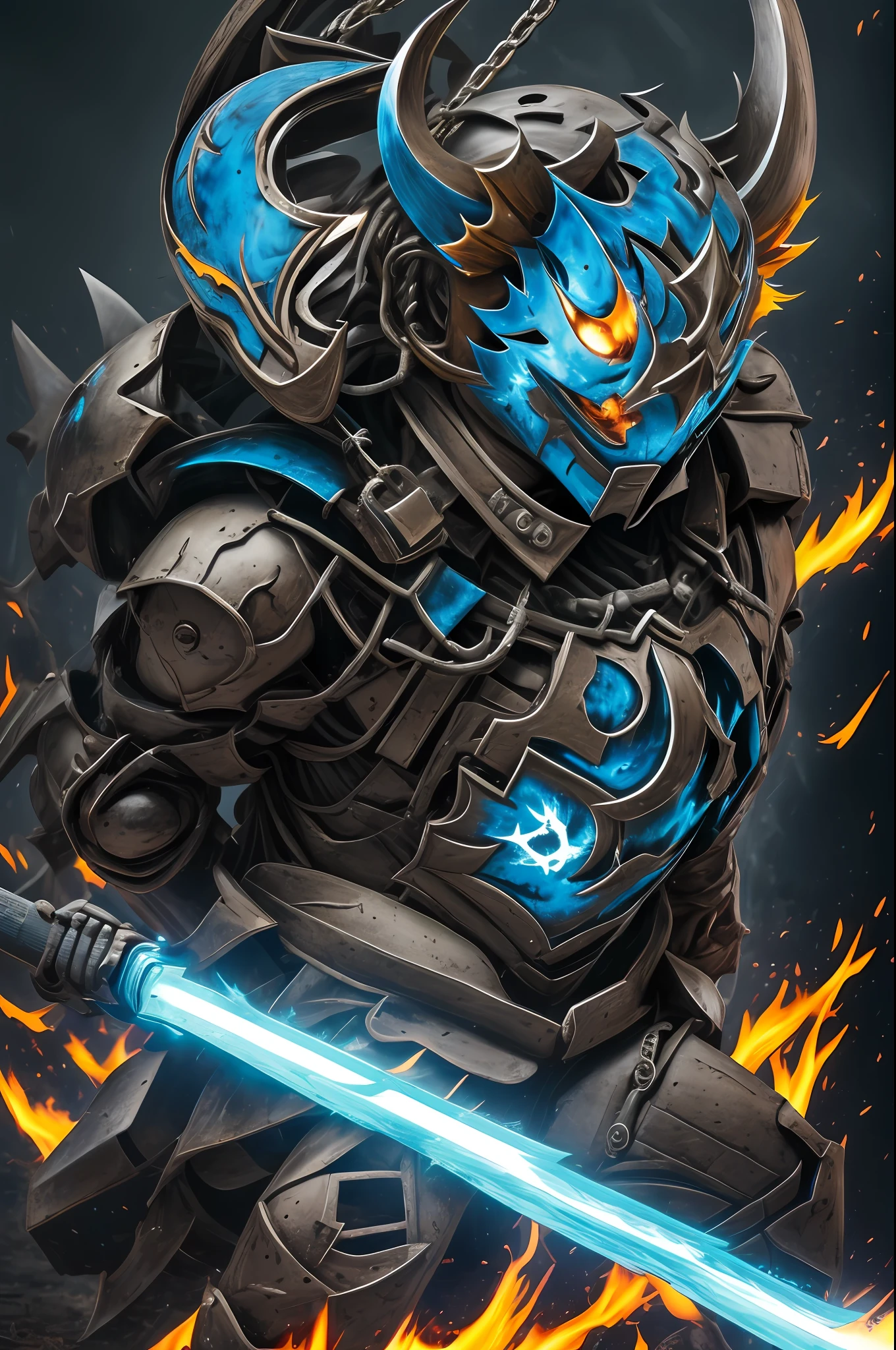 blue colored axe Swing down Hannya's Mask Blue Armor battle field male people Powered Suits mechs A Japanese style by night Burnt field jumpping battleing