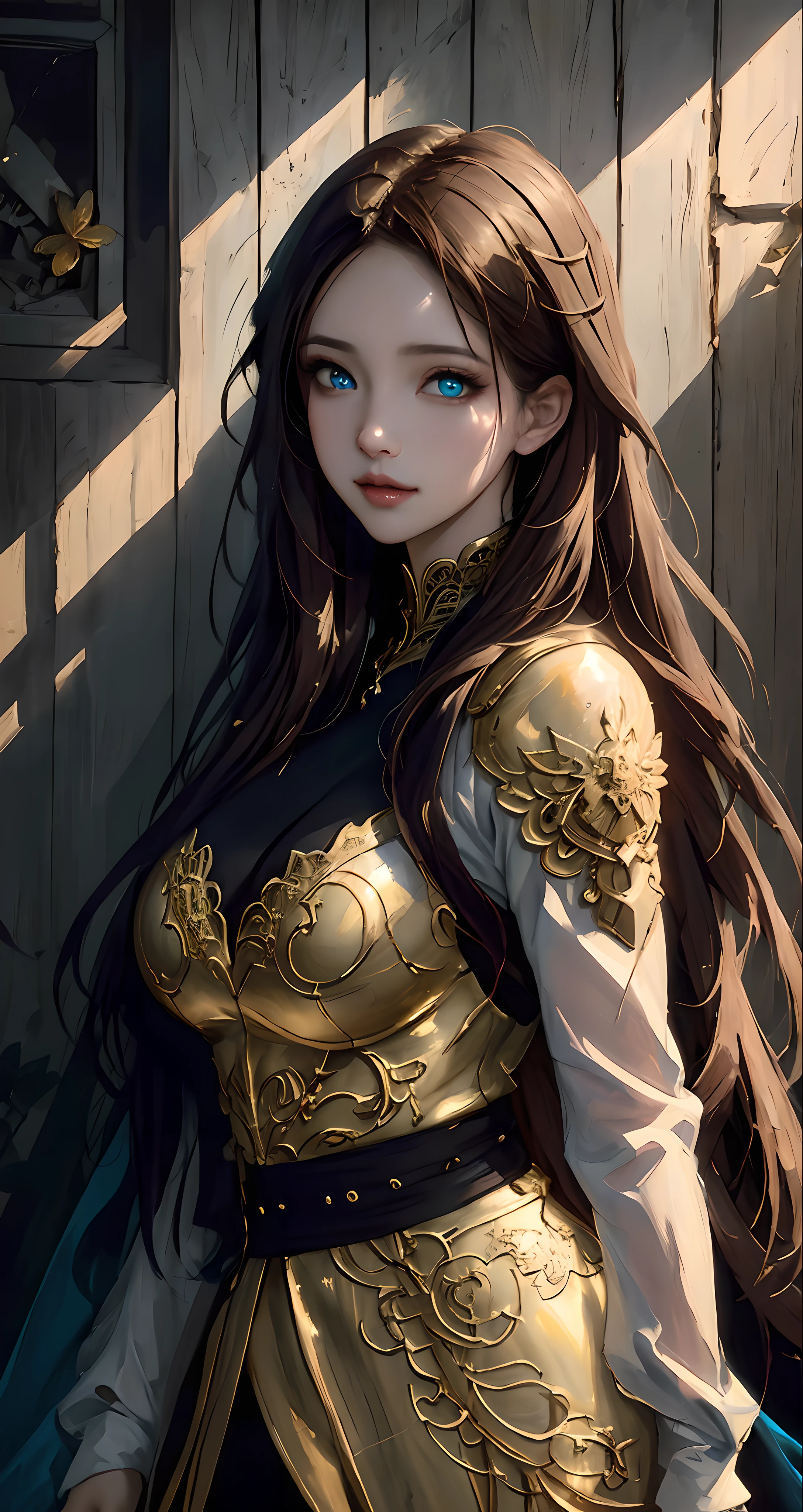 8k portrait of beautiful cyborg with brown hair, intricate, elegant, highly detailed, majestic, digital photography, art by artgerm and ruan jia and greg rutkowski surreal painting gold butterfly filigree, broken glass, (masterpiece, sidelighting, finely detailed beautiful eyes: 1.2), hdr,