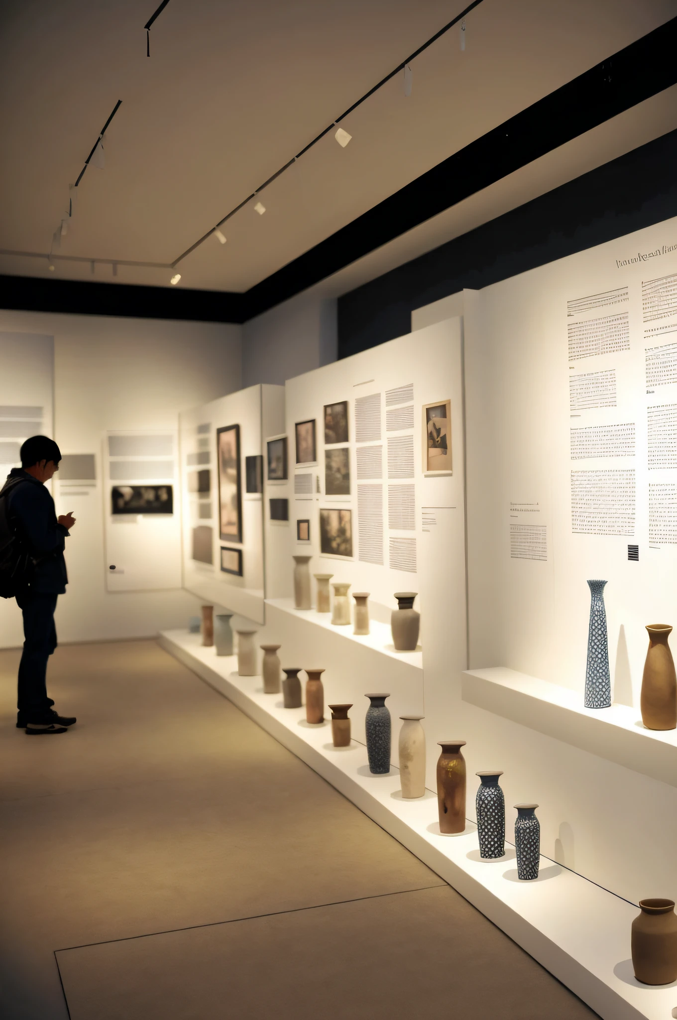 Many vases are on display in the museum,People pass by, museum photograph, museum setting, Japan pottery, displayed in the exhibition hall, .jar, museum exposition, museum display, exhibition, museum photograph, museum lighting, museum, museum archive, inside a museum, museum collection, background is a low light museum, on display, in the museum,