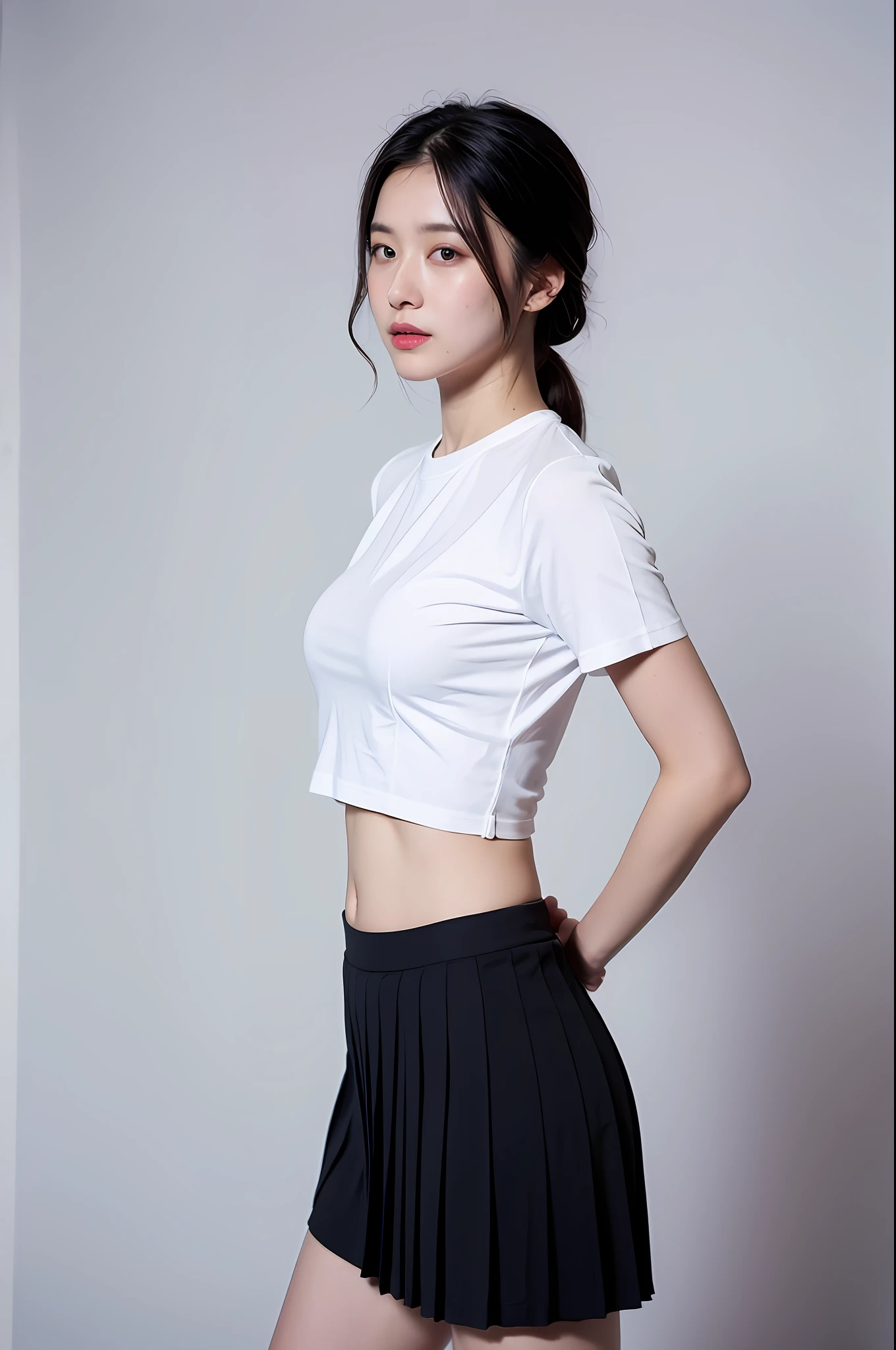 （Highly detailed body，Highly detailed face，the best quality：1.2） ，a woman with，Hands behind your back，Look at Audience（Wear a white shirt top，Black JK pleated skirt，Open navel) Background mall 1.2