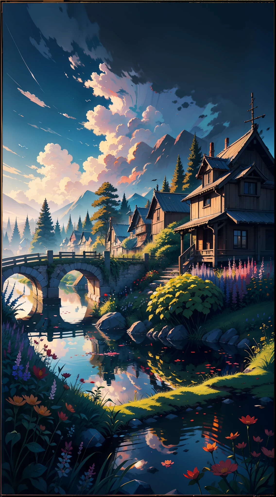 Best quality，16K Ultra Clear，crepuscular，Splendid clouds，flower  field，scarecrow，rivulets，Bridge made of bamboo，Stones，Lots of chalets，extremy detailed，Ultra-detailded，painting of a，light and darkcontrast，Perfectcomposition，