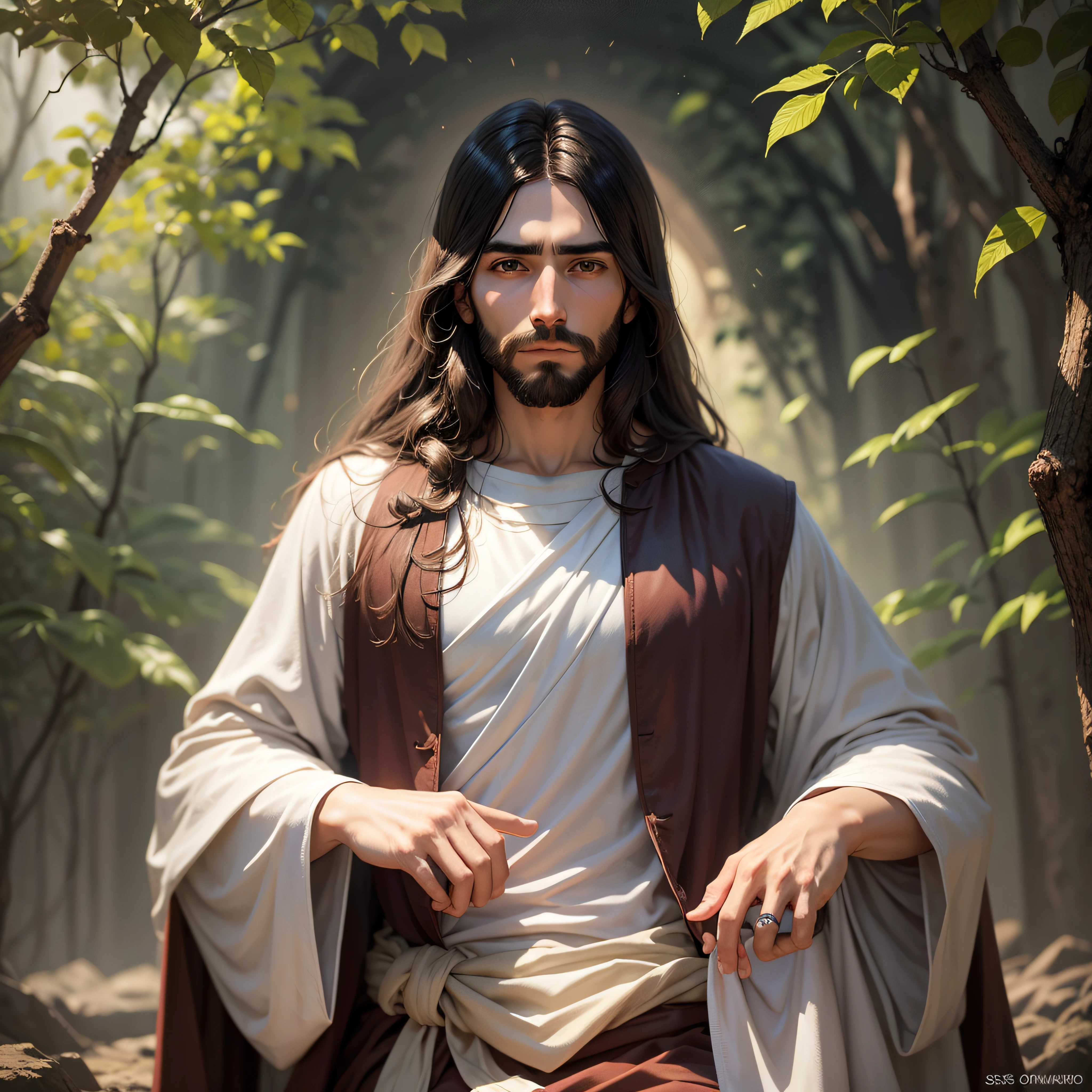 Joven Jesus sonriendte con tunica orando con las manos juntas, and from him comes light that illuminates everything, orando en un bosque --auto