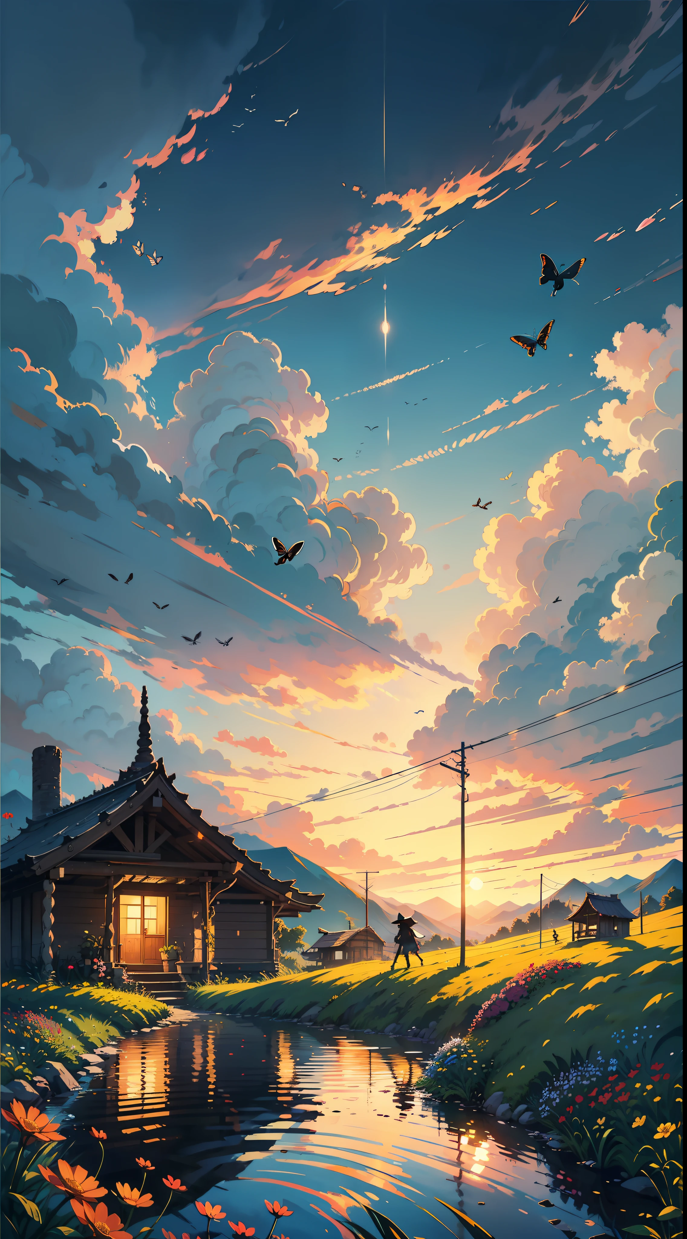 Best quality,16K Ultra Clear,crepuscular,Clouds,flower field,scarecrow,butterflys,rivulets,Bridge made of bamboo,Stones,Lots of chalets,extremy detailed,Ultra-detailded,painting of a,light and darkcontrast,Perfectcomposition,