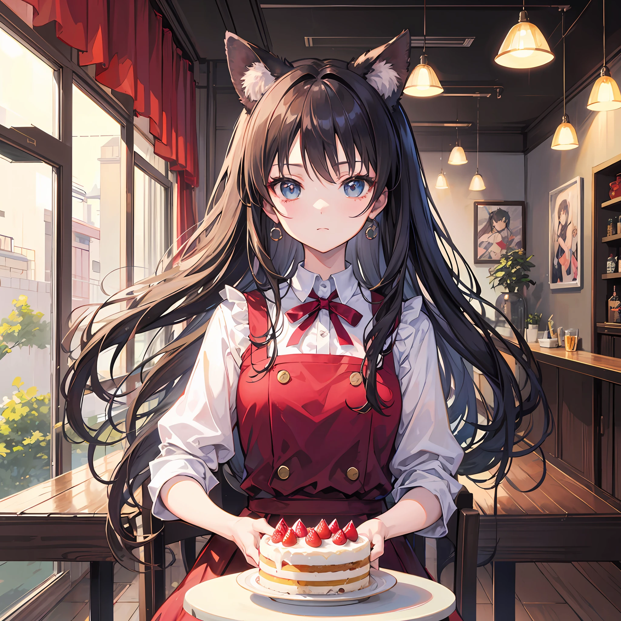 beste-Quality、8K))One woman Anime girl with long black hair and cat ears、tohsaka-rin、anime moe art style、Fate/Anime style like Stay Night、long hair anime girl、extremely cute anime girl face、nightcore、From the front line of girls、Portrait of a cute anime girl、Anime girl with cat ears、High quality anime art style、 beautiful anime woman Eat cake in a café
