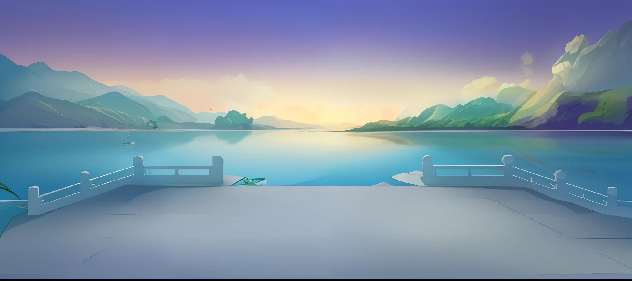 there is a view of a lake and mountains from a bridge, beautiful lake background, Lake background, Anime background art, detailed lake in background, Detailed scenery —width 672, anime backgrounds, palace background, anime beautiful peace scene, background artwork, Anime landscapes, arte de fundo, anime landscape, scenery background, beautiful anime scenery, port scene background, Mobile game background
