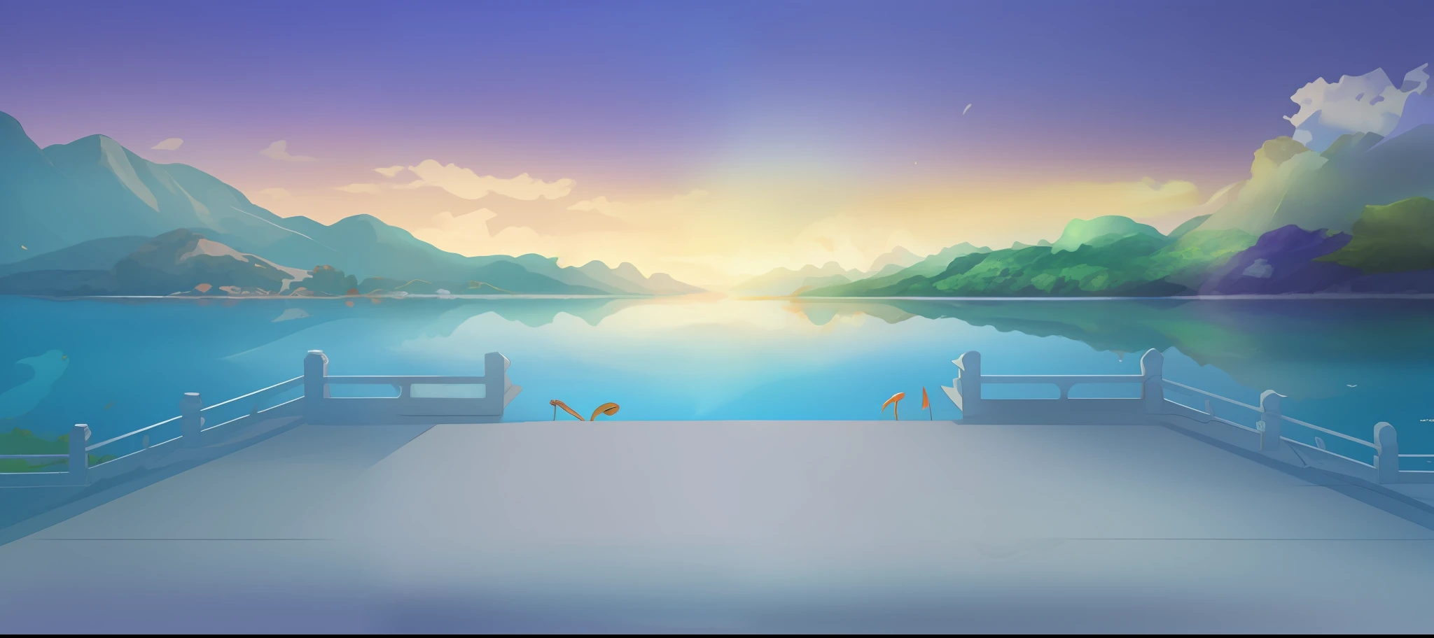 there is a view of a lake and mountains from a bridge, beautiful lake background, Lake background, Anime background art, detailed lake in background, Detailed scenery —width 672, anime backgrounds, palace background, anime beautiful peace scene, background artwork, Anime landscapes, arte de fundo, anime landscape, scenery background, beautiful anime scenery, port scene background, Mobile game background