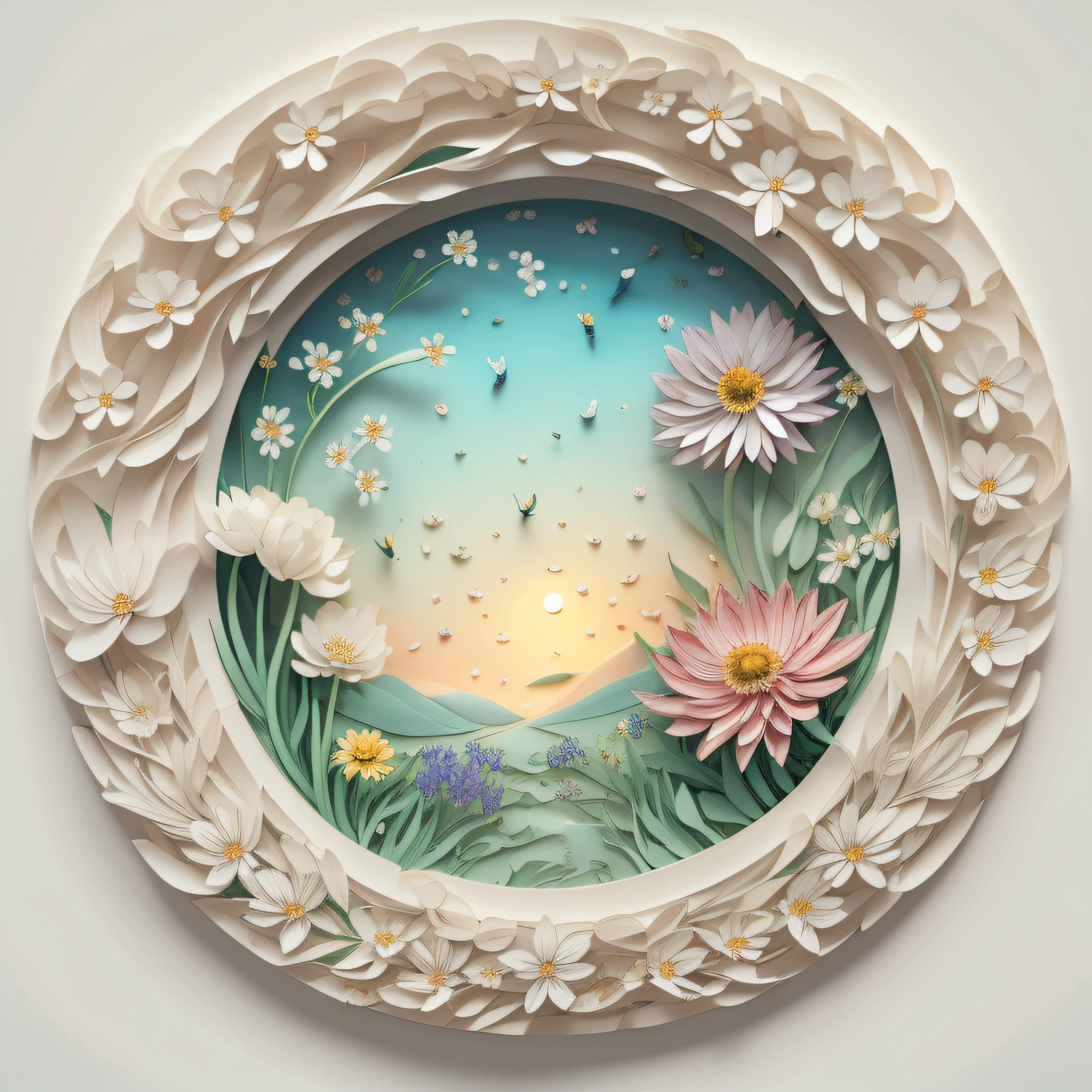 Wild Flowers Art Floral Farmhouse Art, Watercolor Botanical.3D white relief, Meticulously carved, White ivory carving on a white background, pastel, Multidimensional Paper Fog Crafts, paper illustration, white on white, Ultra-wide-angle view, dream, 8K, Romantic, high resolucion, 8K