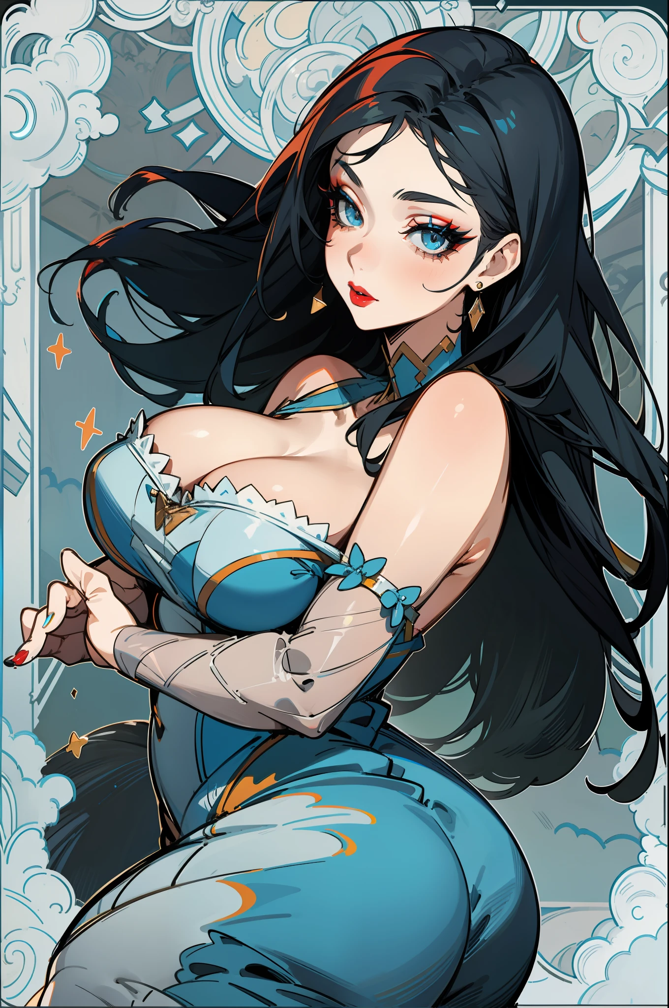 A sensual woman with long black hair, large breasts, thick thighs, blue eyes, makeup, red lipstick on her lips, shuddering beauty, seductive look, wearing a blue dress, multiple poses, shapes and expressions, hair in the wind.