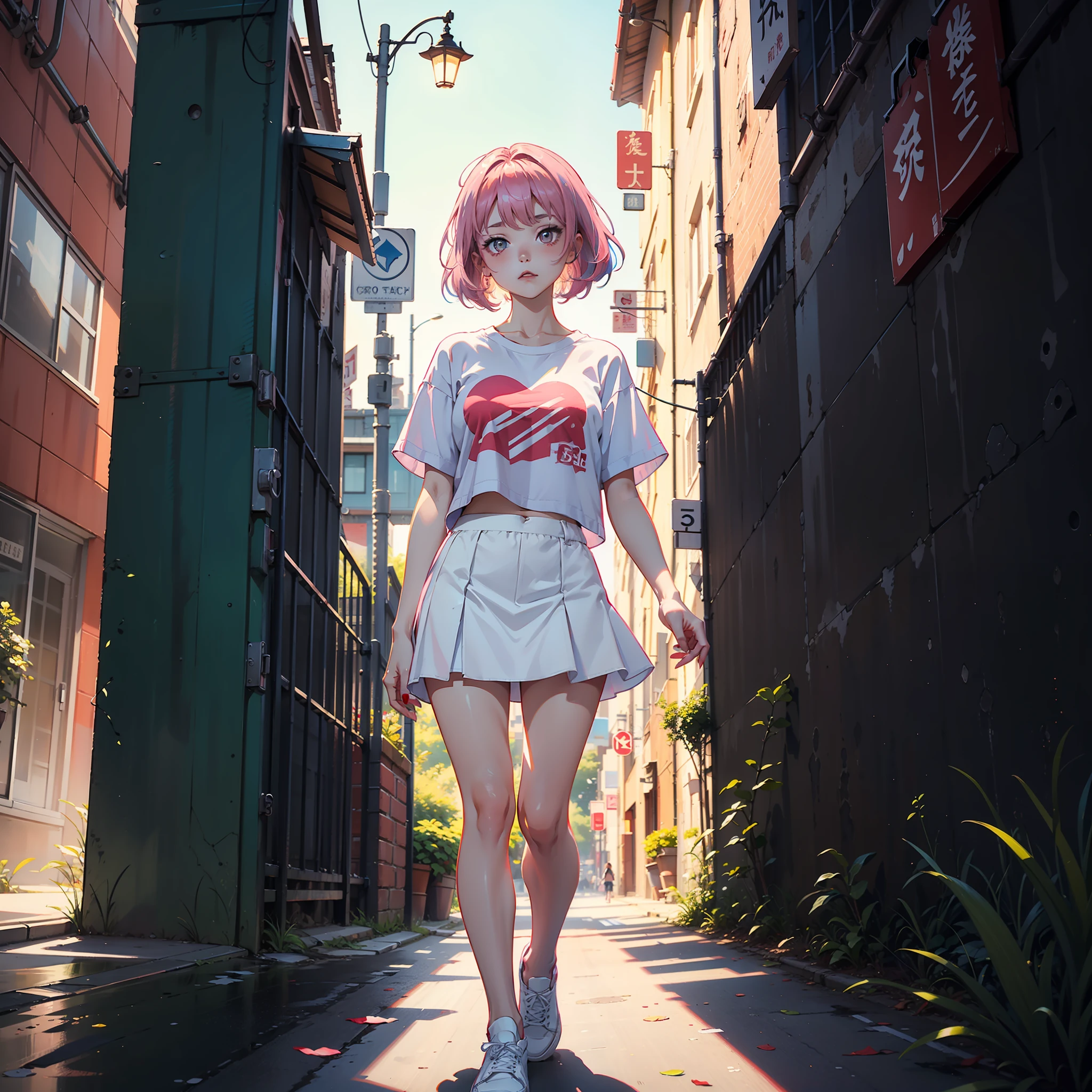 a girl,独奏,pink hair,Wearing a white T-shirt,Black short skirt leather pants,White canvas shoes,Stand under a red street light,The background is the school gate,(masterpaintings),(8K quality)。