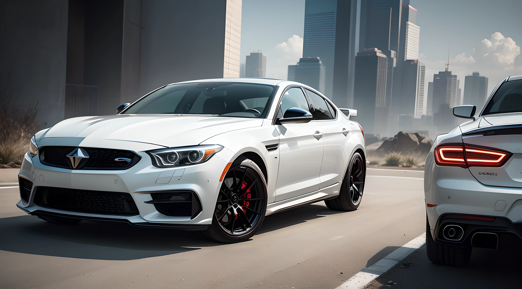 A futuristic, Aggressive, dangerous, badass,White car,smar cars,Mid-range lens,Realistic,Surreal style