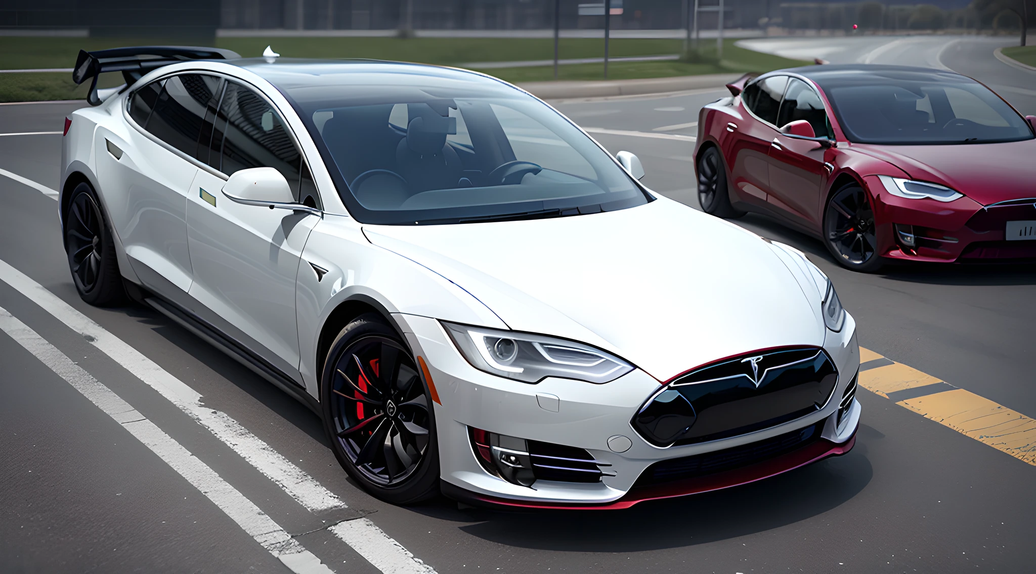 A futuristic, A mashup of Tesla and Xpeng, White car, smar cars, overhead view, Realistic, Surreal style, 4k, HDR,