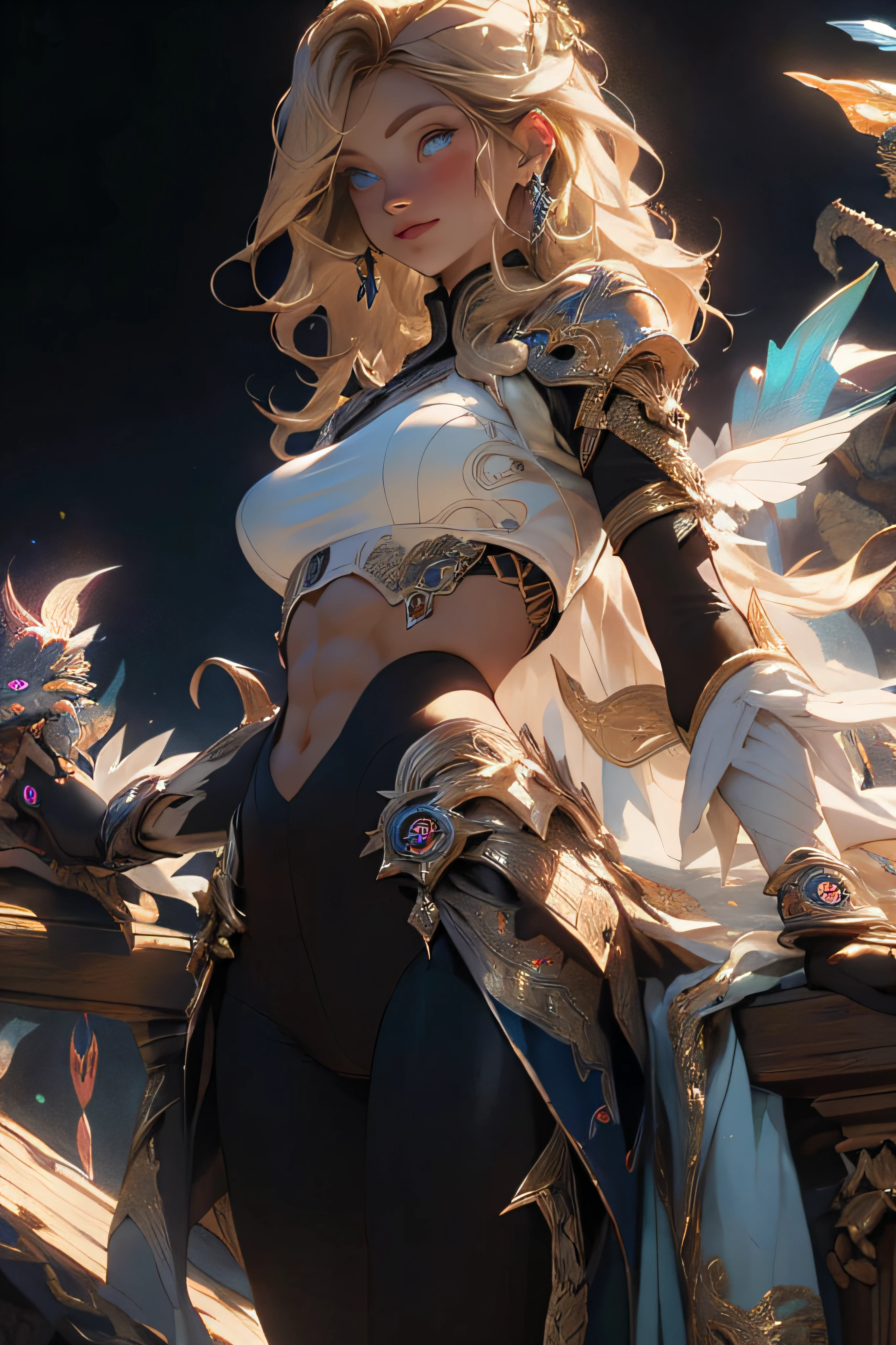 Realistic, (masterpiece, top quality, best quality, official art, beauty and aesthetics: 1.2), very detailed, fractal art, colorful, most detailed, zentangle, (abstract background: 1.5) (1girl), gods, blonde hair, long hair, (glowing blue eyes), big breasts, abs, mysterious, (magic), crystal, red black tights