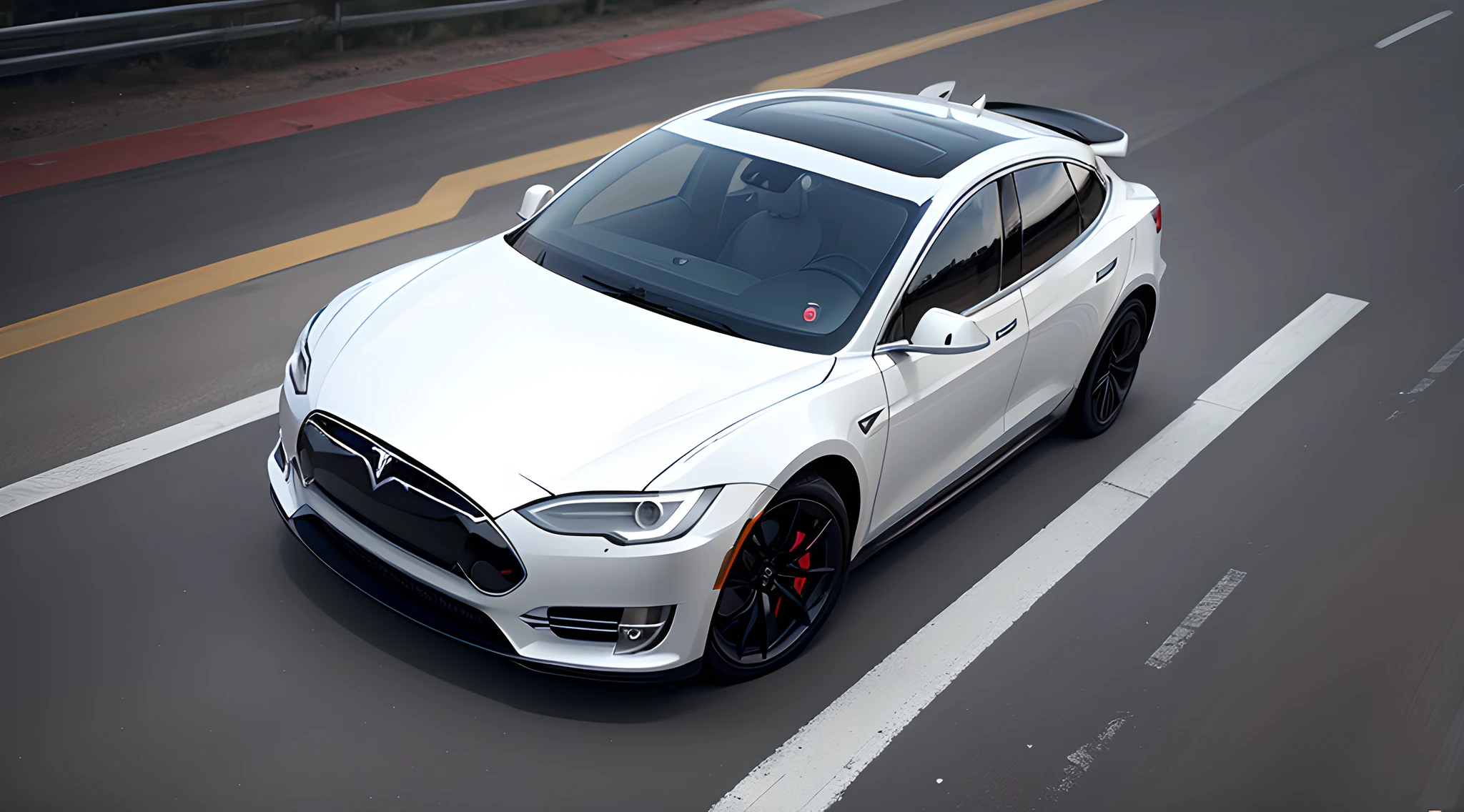 A futuristic, A mashup of Tesla and Xpeng, White car, smar cars, overhead view, Realistic, Surreal style, 4k, HDR,