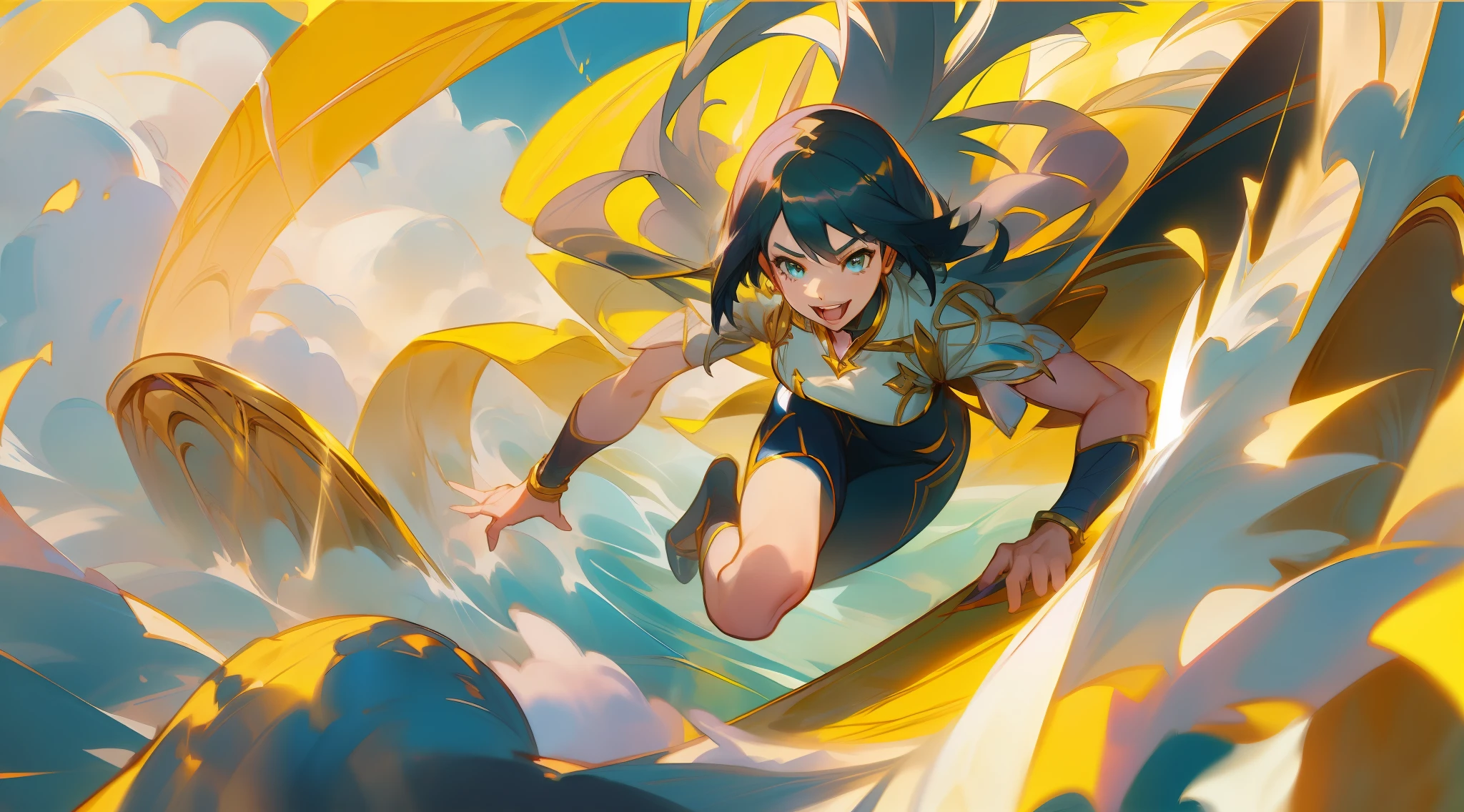 anime girl in a yellow and black outfit riding a surfboard, senna from league of legends, expressing joy. by Krenz Cushart, Official artwork, trending on artstation pixiv, Artgerm and Atey Ghailan, by Yang J, by Krenz Cushart, official anime work, style of anime4 K, cushart kenz