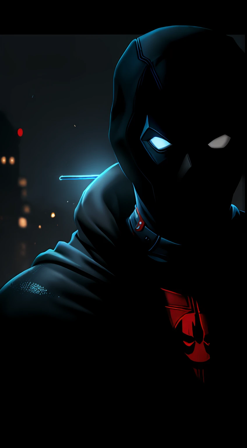 (Dark shot: 1.1), Epic Realistic, Punk Deadpool in the dark with glowing eyes and glowing cape, soft cinematic light, Adobe Lightroom, photolab, HDR, intricated, Highly detailed, (Depth of field: 1,4), hyper-detail (Artstation: 1,4), Cinematic, warm light, Dramatic light (intricate detail: 1,1)