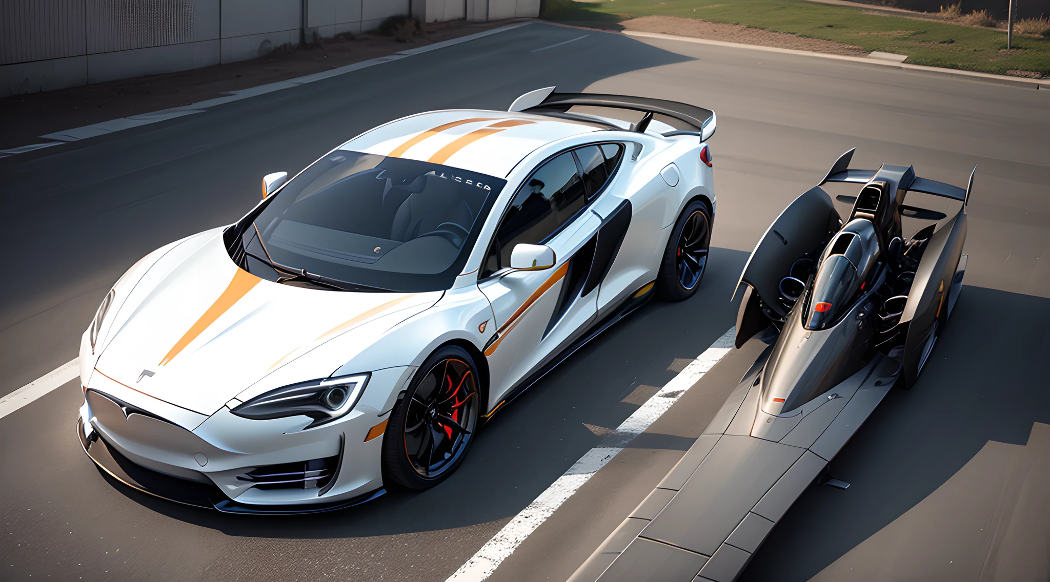 A futuristic, A Tesla and McLaren mashup, White car, smar cars, overhead view, Realistic, Surreal style, 4K, hdr,