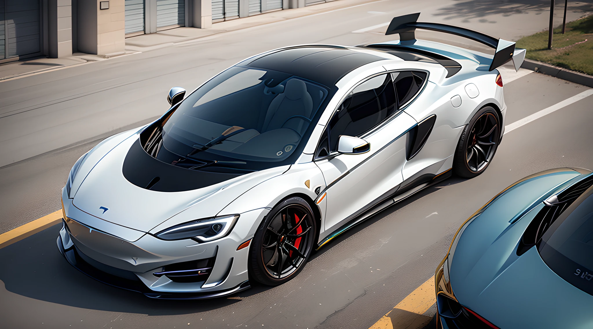 A futuristic, A Tesla and McLaren mashup, White car, smar cars, overhead view, Realistic, Surreal style, 4K, hdr,