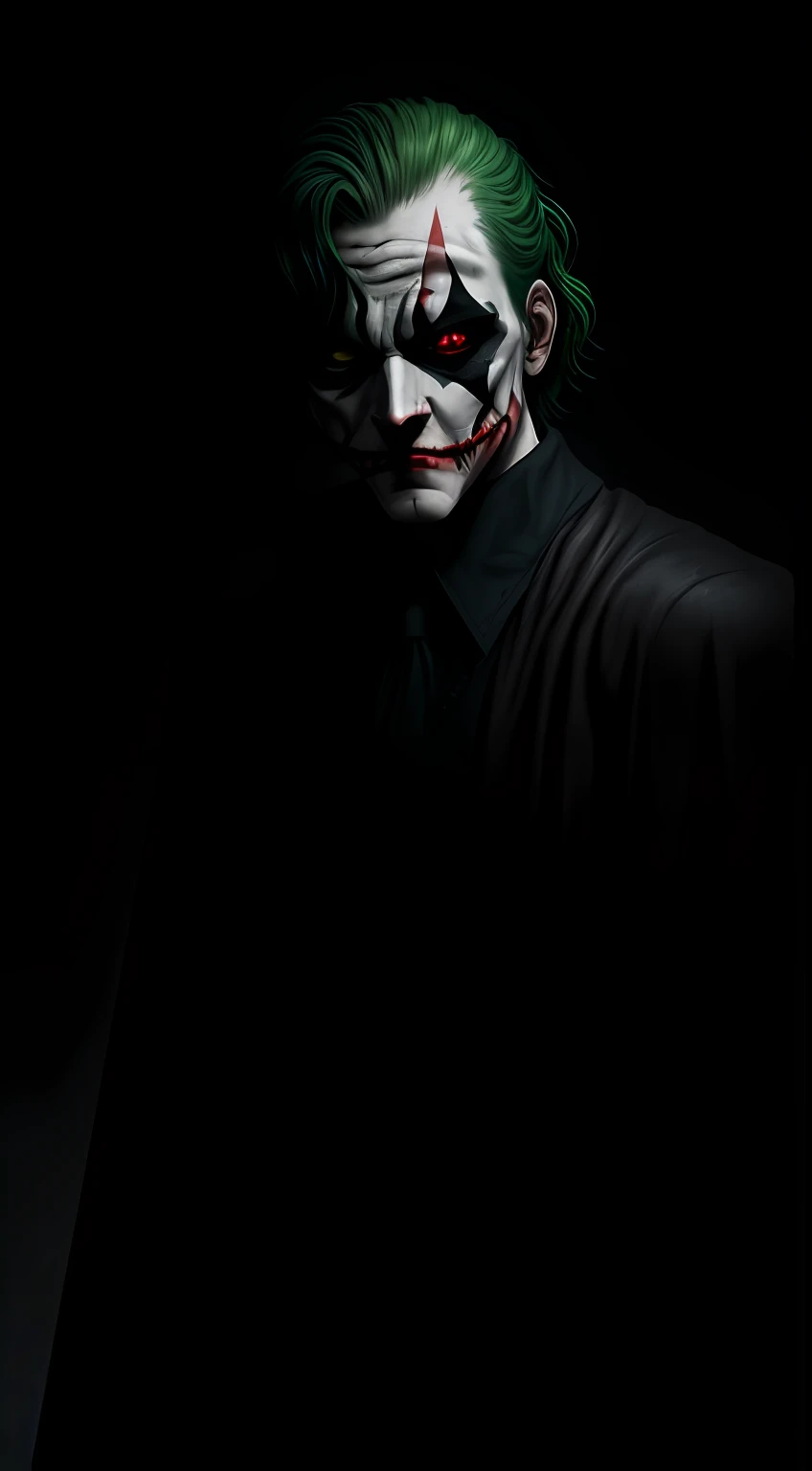 (Dark shot: 1.1), Epic Realistic, Punk Joker in the dark with glowing eyes and glowing cape, soft cinematic light, Adobe Lightroom, photolab, HDR, intricated, Highly detailed, (Depth of field: 1,4), hyper-detail (Artstation: 1,4), Cinematic, warm light, Dramatic light (intricate details: 1,1)