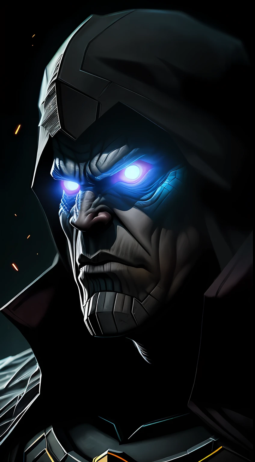 (Dark shot: 1.1), Epic Realistic, Punk Thanos in the dark with glowing eyes and glowing cape, soft cinematic light, Adobe Lightroom, photolab, HDR, intricated, Highly detailed, (Depth of field: 1,4), hyper-detail (artstation: 1,4), cinematic, warm light, Dramatic light (intricate details: 1,1)