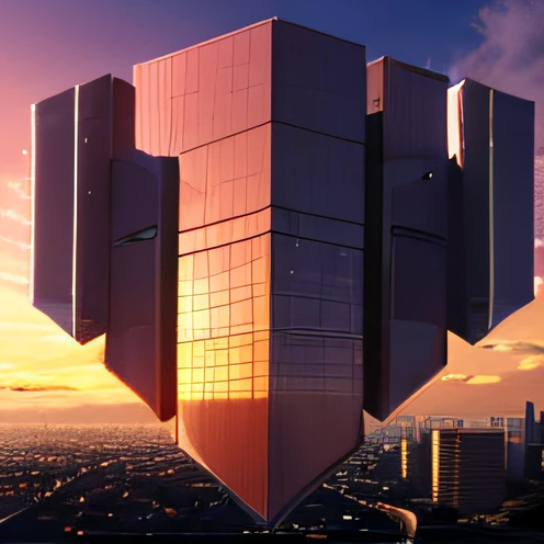 A top view of a futuristic city covered with skyscrapers in the sky and clouds. During sunset and High Quality and far view