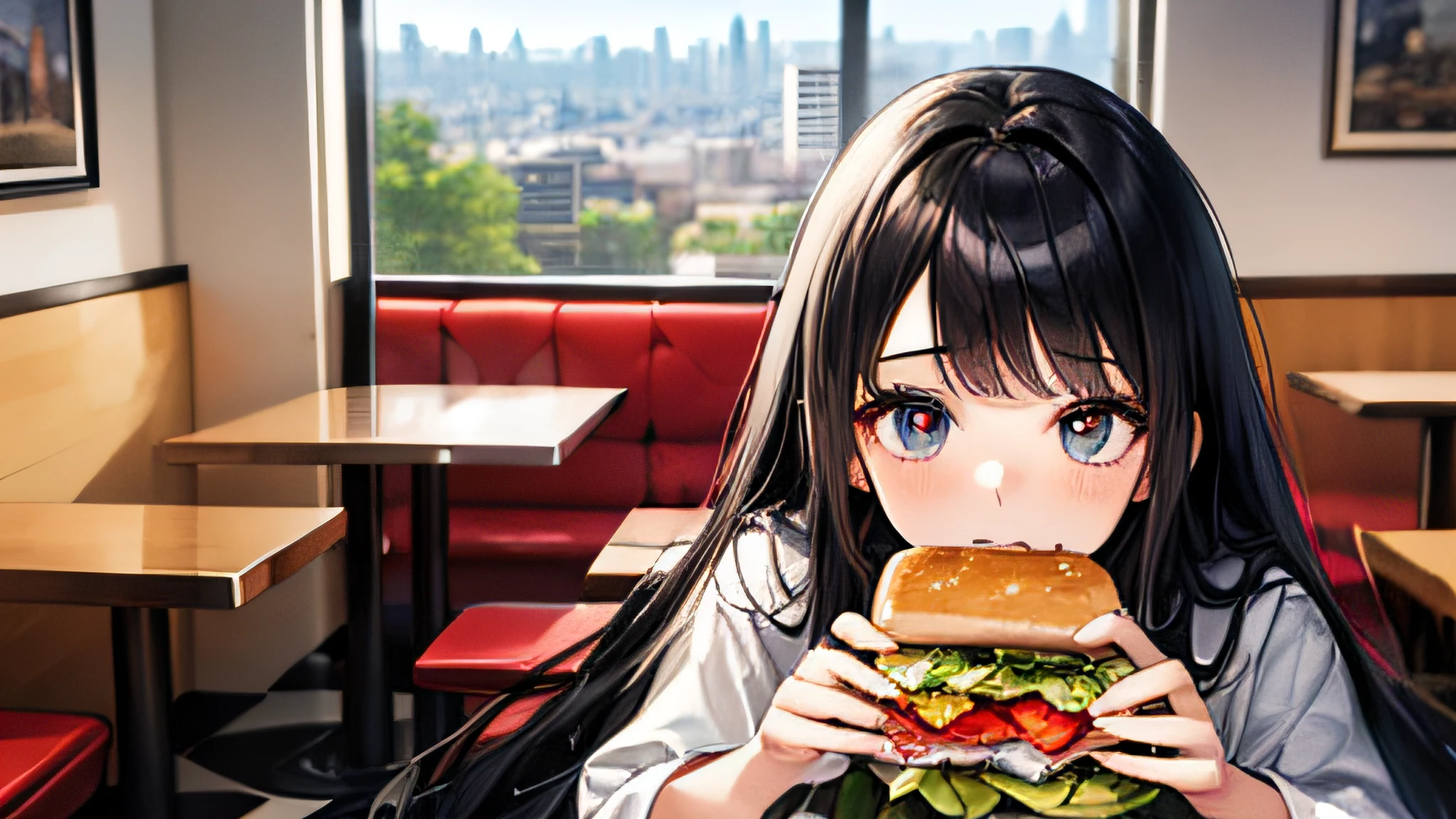(A 20-year-old girl with long black hair and big eyes:1.6)(Eating a sandwich:1.7)(At a table in a restaurant:1.4)(Medium view:1.9)