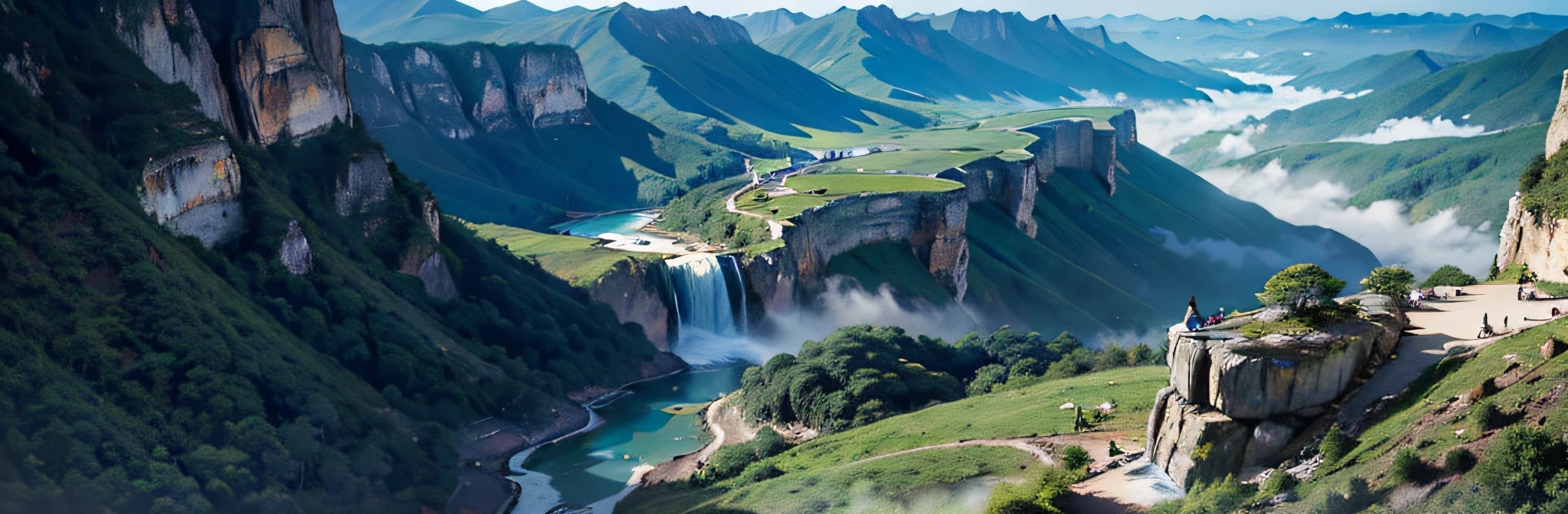 Magnificent landscape of rainforest, majestic waterfalls falling in dense vegetation, sunlight penetrating leaves, colorful birds flying in the sky, conveying a feeling of tranquility and renewal, photography, wide-angle lens, high resolution, (material), (4K), Best quality: 1.2, ((Amazing view: 1.2)), vast sky, beautiful skyline, mysterious forest, winding country roads, magnificent mountains, cliffs, dramatic graphics, moving visuals, colorful natural light, night falls. Short-sleeved top, shorts, man with sports backpack on back, fantasy art,