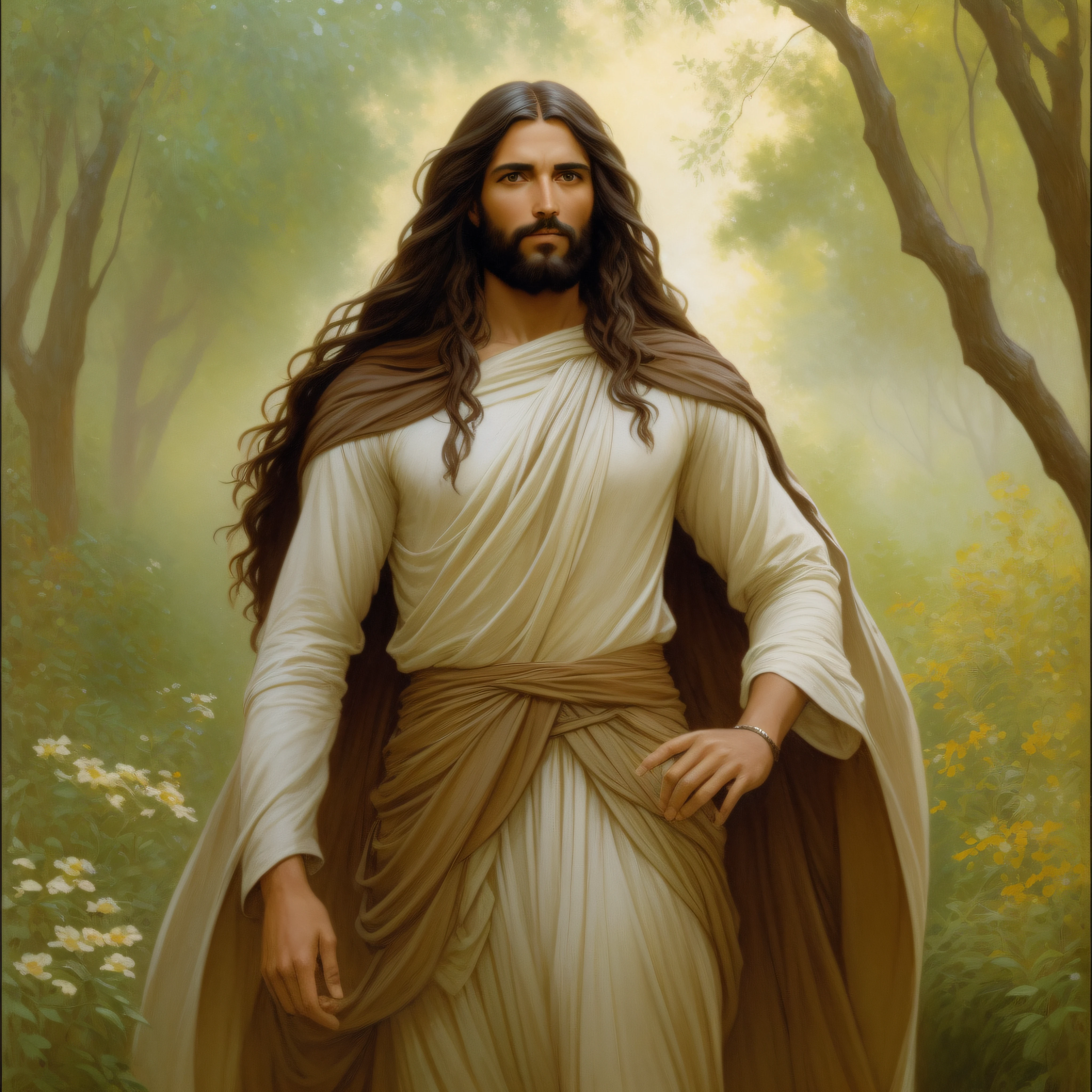 Joven Jesus sonriendte con tunica orando con las manos juntas, and from him comes light that illuminates everything, orando en un bosque --auto