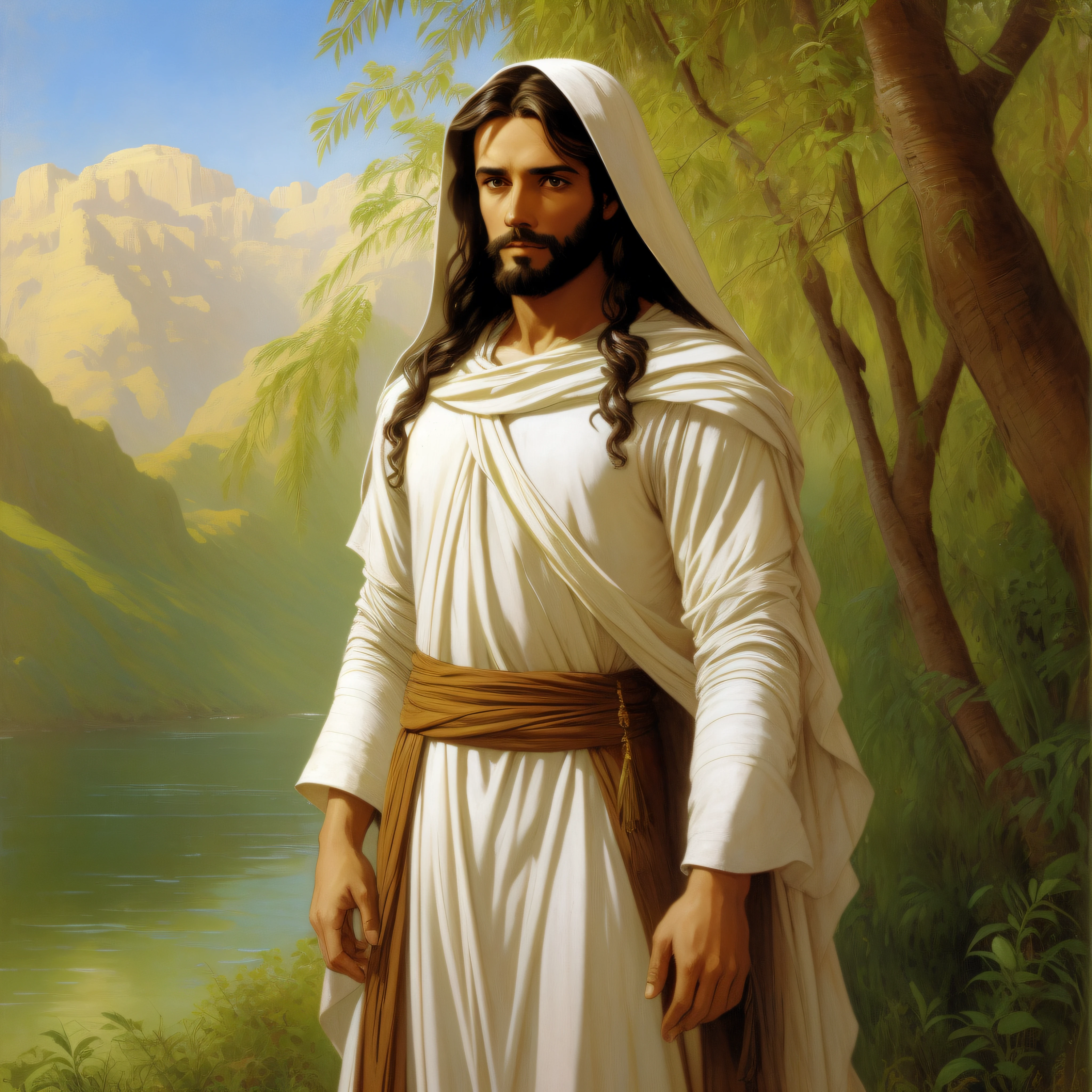 Joven Jesus sonriendte con tunica orando con las manos juntas, and from him comes light that illuminates everything, orando en un bosque --auto