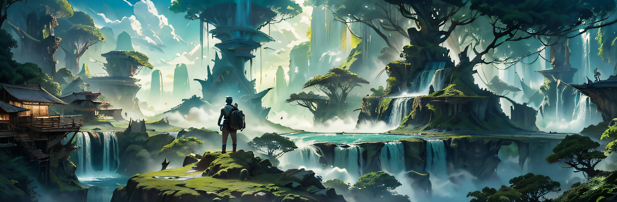 Magnificent landscape of rainforest, majestic waterfalls falling in dense vegetation, sunlight penetrating leaves, colorful birds flying in the sky, conveying a feeling of tranquility and renewal, photography, wide-angle lens, high resolution, (material), (4K), Best quality: 1.2, ((Amazing view: 1.2)), vast sky, beautiful skyline, mysterious forest, winding country roads, magnificent mountains, cliffs, dramatic graphics, moving visuals, colorful natural light, night falls. Short-sleeved top, shorts, man with sports backpack on back, fantasy art,