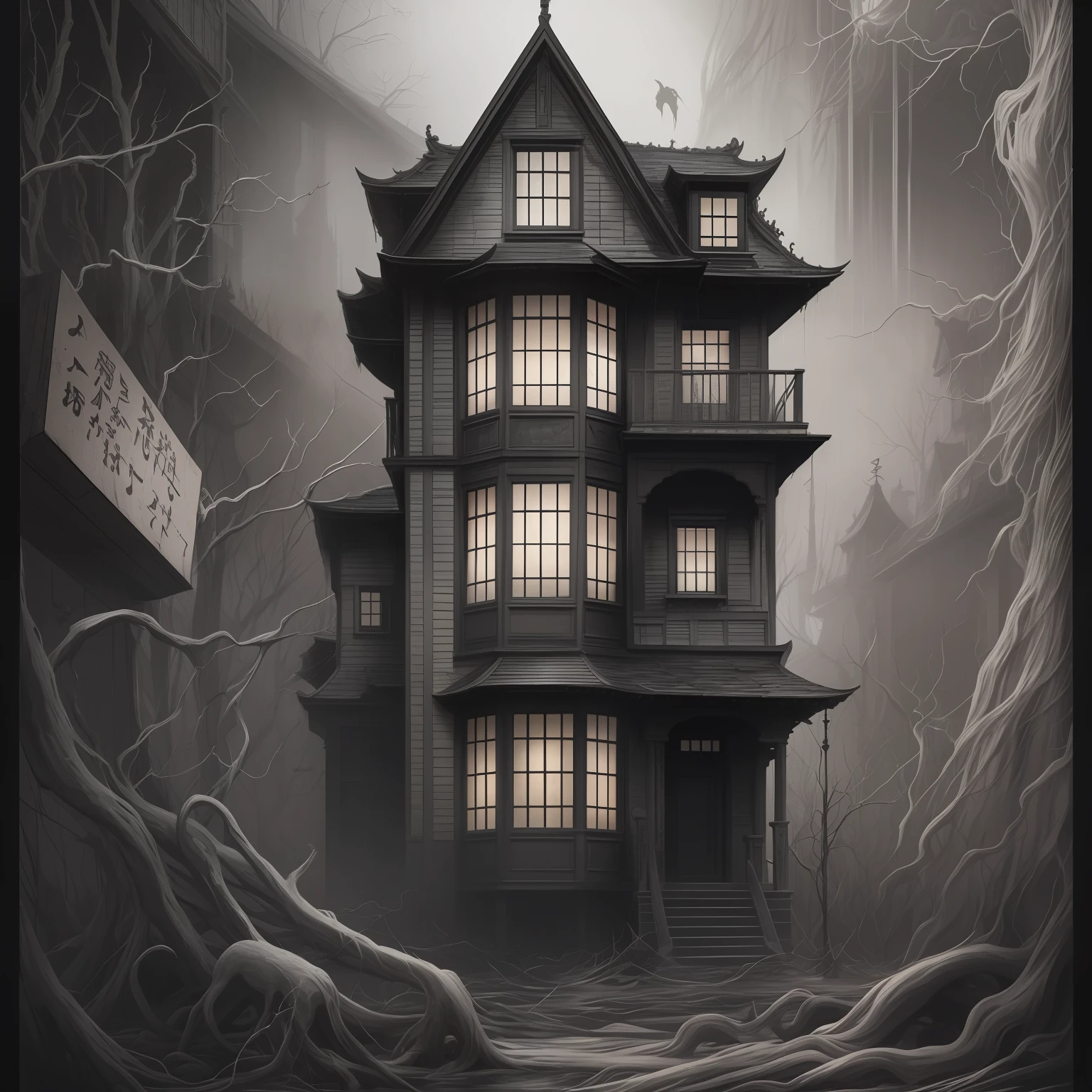 cinematic scene, a haunted house, zen painting, surrealism, dark, eerie, haunting, macabre, dreamlike, detailed, distorted, organic, mysterious, digital painting, mixed media, melancholic, unsettling, black, dark white, red, captured with Canon EOS 5D Mark IV,  negative:maximalism --auto --s2