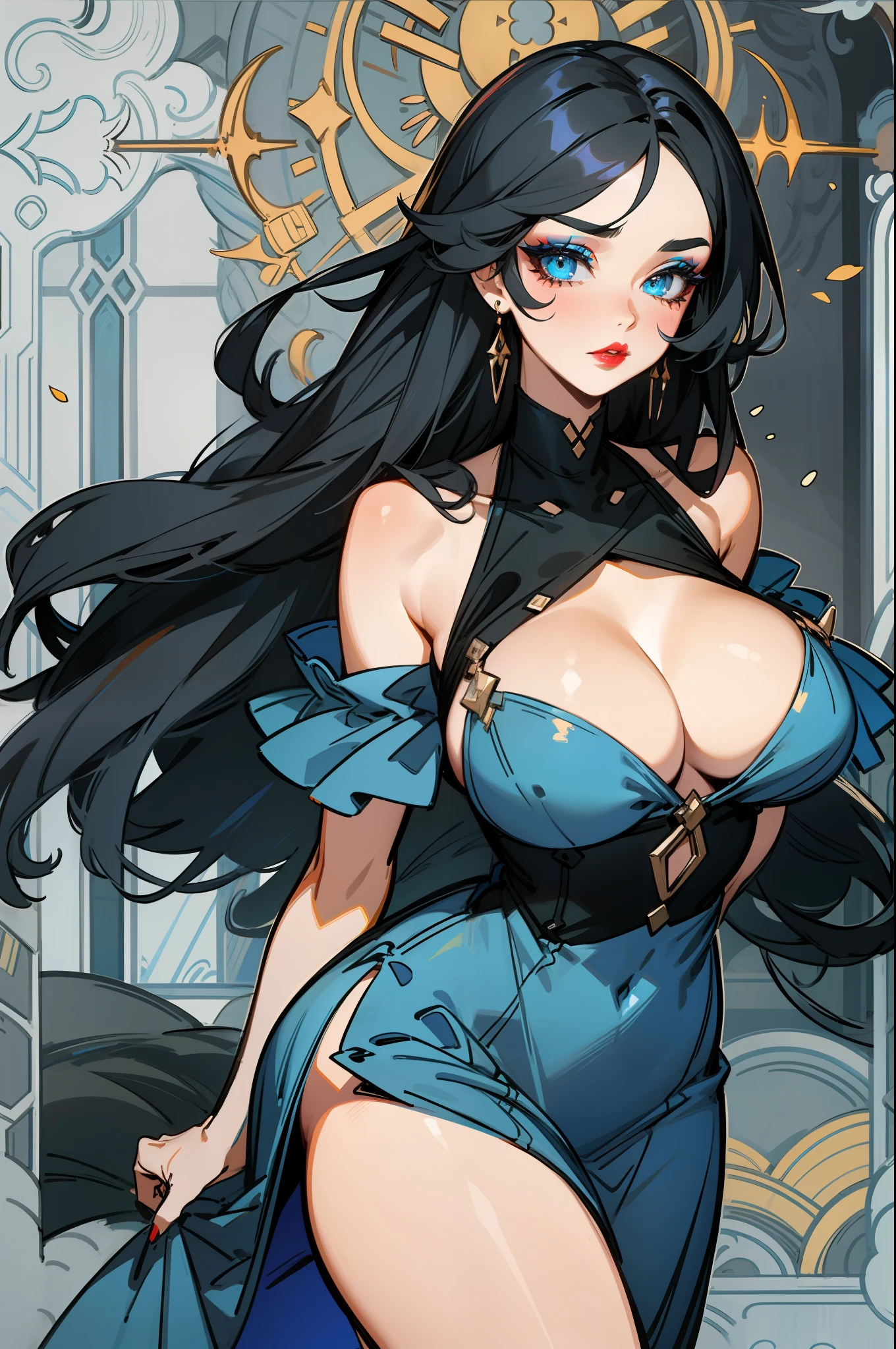 A sensual woman with long black hair, large breasts, thick thighs, blue eyes, makeup, red lipstick on her lips, shuddering beauty, seductive look, wearing a blue dress, multiple poses, shapes and expressions, hair in the wind.