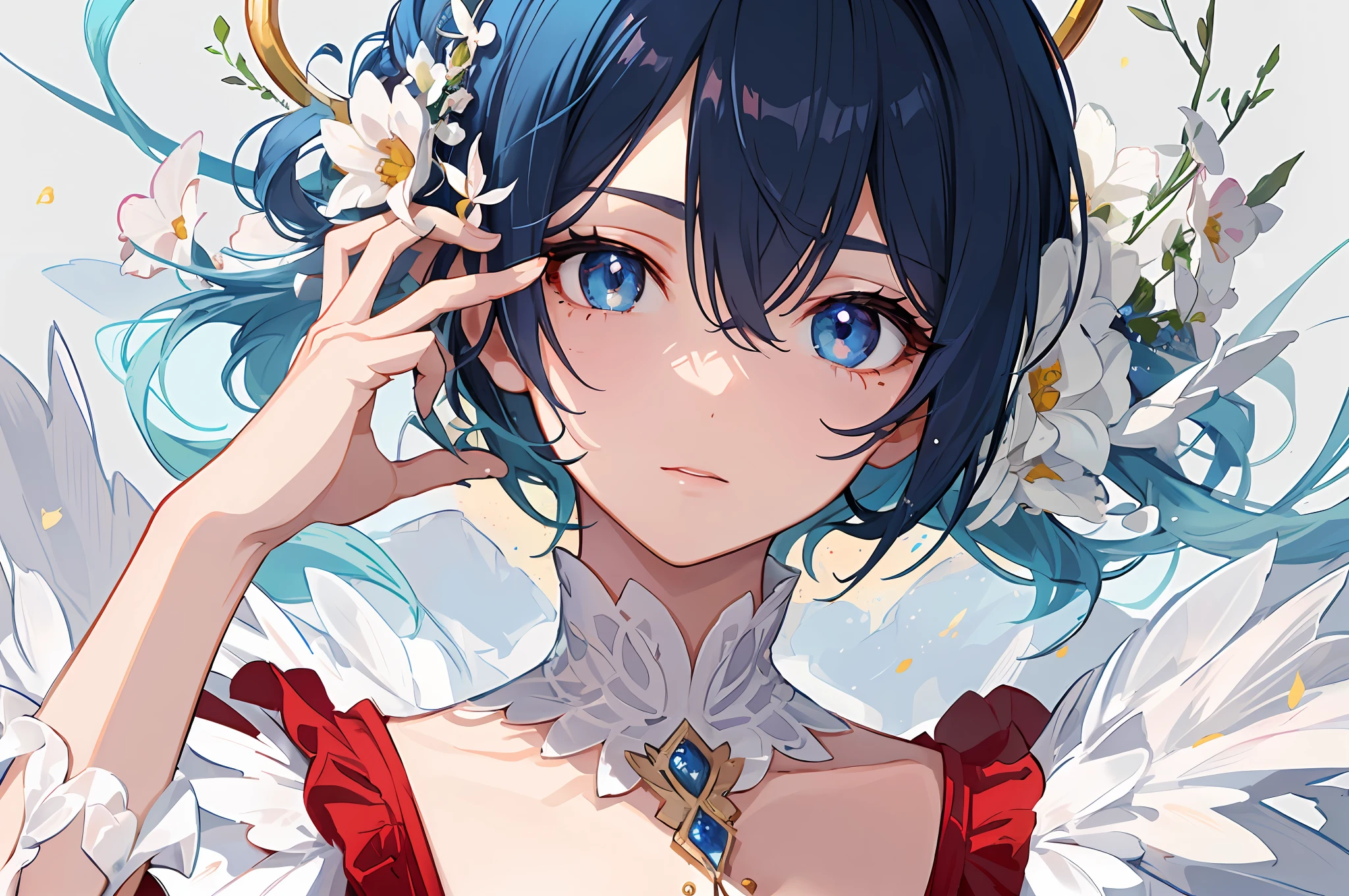 {{{A masterpice}}, {{{hyper detailled}}}, {{{Hi-Def}}}, {{Good anatomy}}, (((beste-Quality))), ((an extremely delicate and eautiful)), {{Highly detailed and delicate}}, {8k cg wallpaper}, {stunning art}, {{illutst}}, {splendid}, Original, Mature, ((Half body shot)), ((pale skinned)), intrikate, (depth of ﬁeld), extra detailed body, (((A masterpice))), (Very high quality artwork), detailed faces, A masterpice, the best quality, incrediblyabsurdres, ((beste-Quality)), (Ultra-detailded), (Beautiful detailed eyes)、(((Galaxy Eye)))、((Bored eyes))、Eyes on shelf covers、Super complex and highly detailed girls、Beautiful detailed eyes、Vibrant eyes、raytrace、[[brilliantly colored]]、From the waist up、sharp-focus、[[beste-Quality]]、illutst、Dynamic angles、depth of ﬁeld、dynamic lights、1girl in、blue hairs、Silky hair、Medium chest、(blue eyed)、keen eyes、 long eyelash、(Ultra-detailded:1.3)、Cloudy background、Handsome、short-haired、Beautie、Beautiful collarbone、Pattsun bangs、(No decoration)