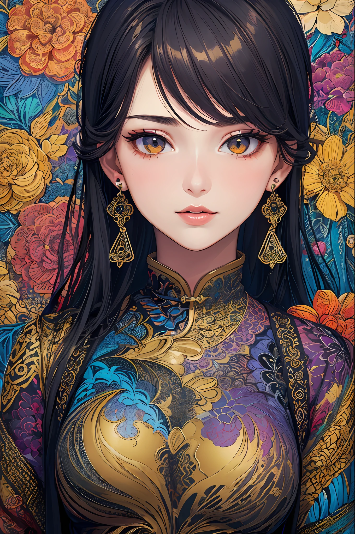 (masterpiece, top quality, best quality, official art, beautiful and aesthetic:1.2), (1girl:1.3), extremely detailed,(fractal art:1.1),(colorful:1.1)(flowers:1.3),highest detailed,(zentangle:1.2), (dynamic pose), (abstract background:1.3), (chinese dress:1.2), (shiny skin), (many colors:1.4), ,(earrings:1.4),