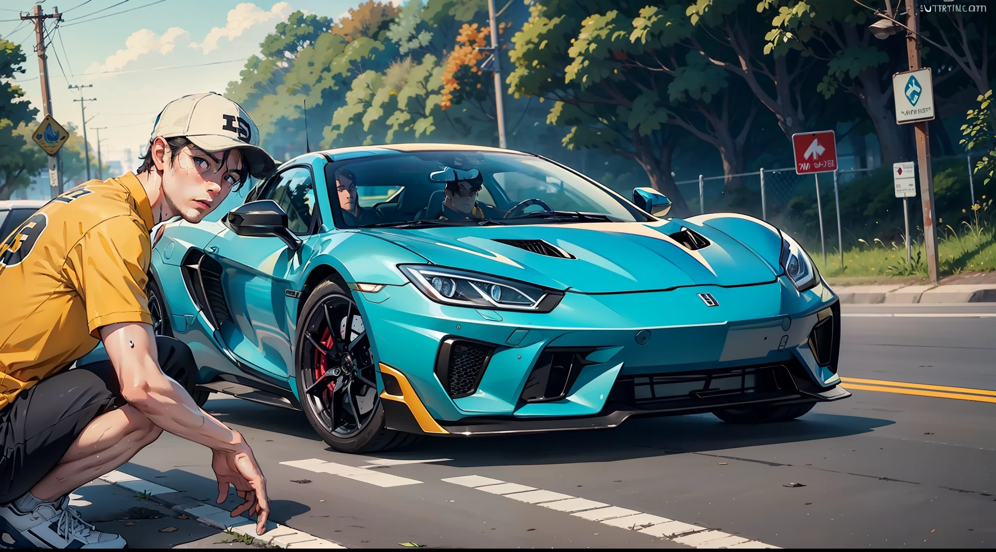 A delivery guy in yellow，Black hair，Blue eyes，（Sweaty），A supercar in his distance，He looked surprised，hopelessness，Squat on the side of the road，（masterpaintings），（8K quality），
