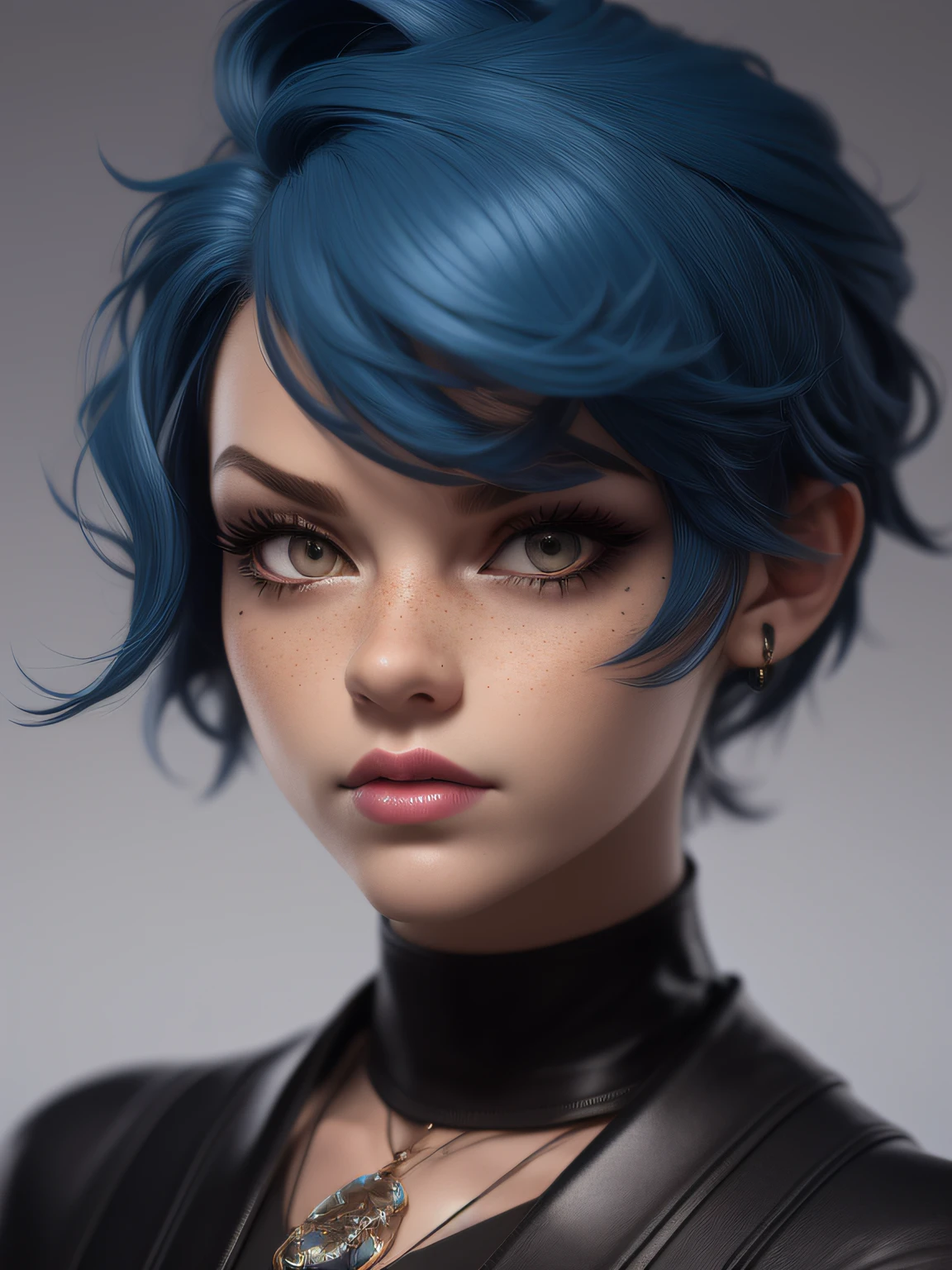 masterpiece, best quality,3d rending work ,MJ3D style,close-up,portrait, 3D,1girl, solo, multicolored hair, blue hair, black hair, necklace, freckles, jewelry, two-tone hair, looking to the side, realistic, upper body, simple background, bangs, looking away, short hair, parted lips, black eyes, lips, gothic, choker, makeup, mole, black shirt, shirt, watermark