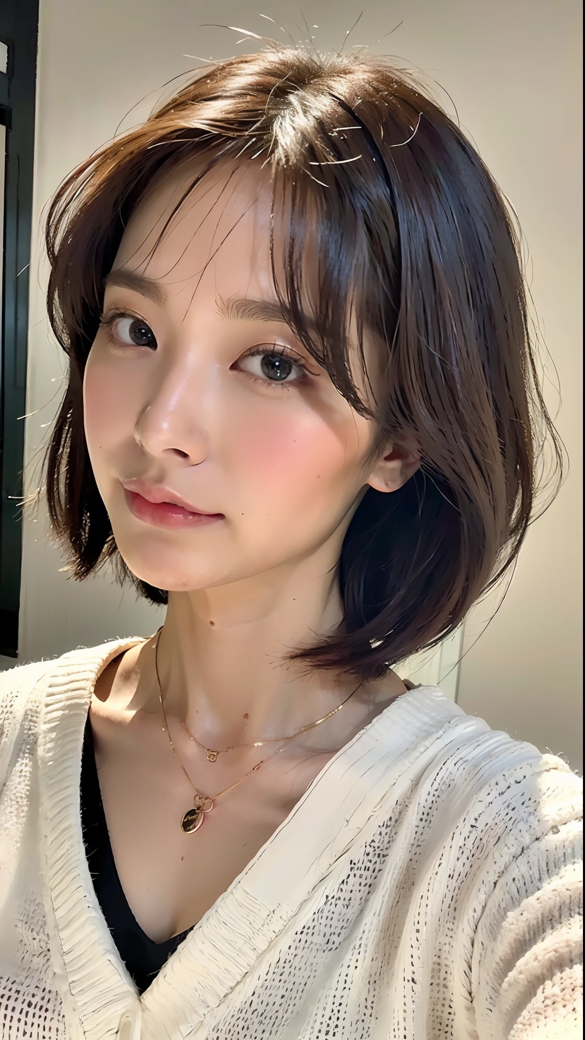 (Best quality, 8k, 32k, Masterpiece, UHD:1.2),Photo of Pretty Japanese woman, large breasts, very short bob hair,upper body,face focus,oversized_sweater, necklace, simple background, from above, looking at viewer,