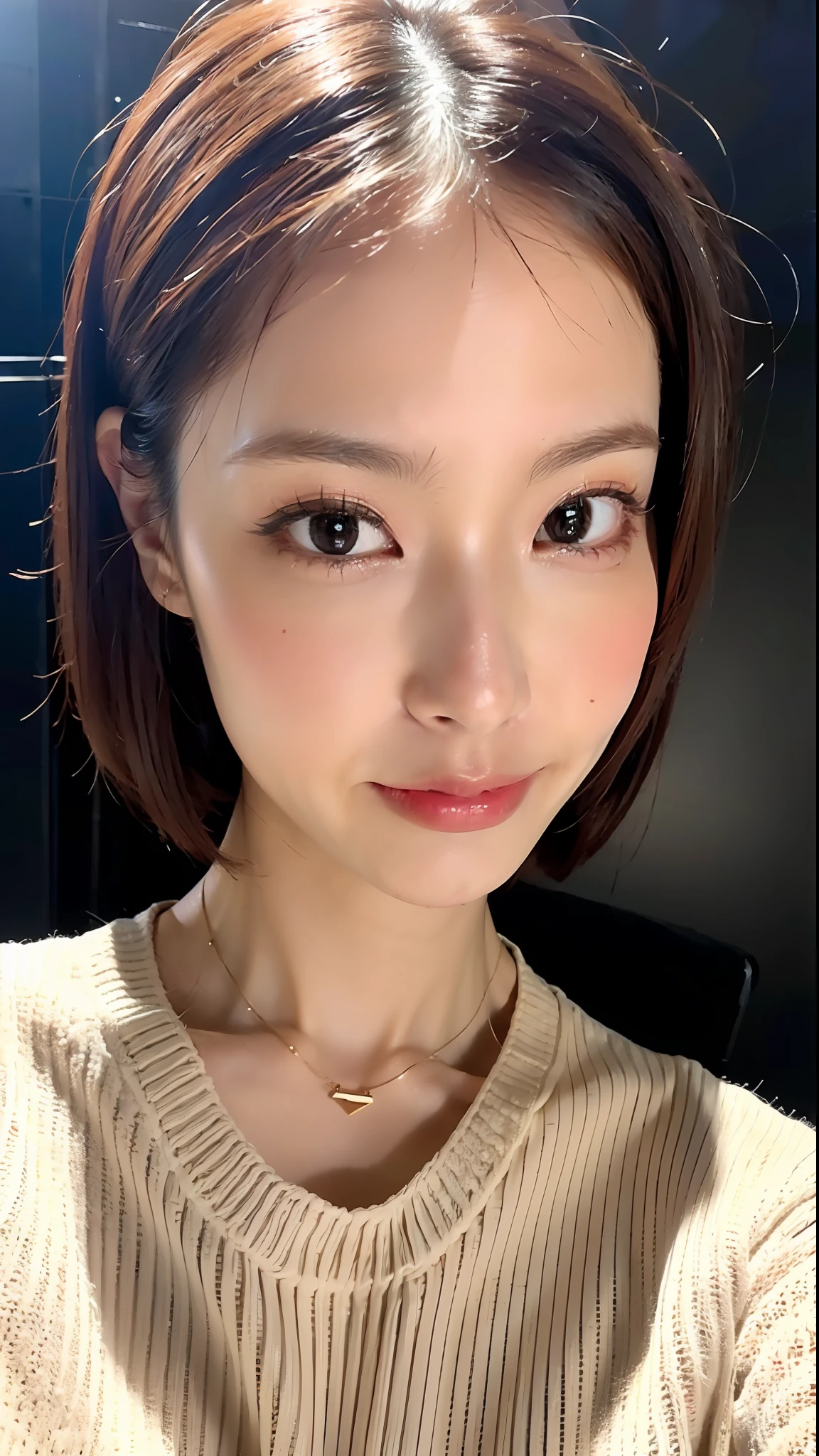 (Best quality, 8k, 32k, Masterpiece, UHD:1.2),Photo of Pretty Japanese woman, large breasts, very short bob hair,upper body,face focus,oversized_sweater, necklace, simple background, from above, looking at viewer,