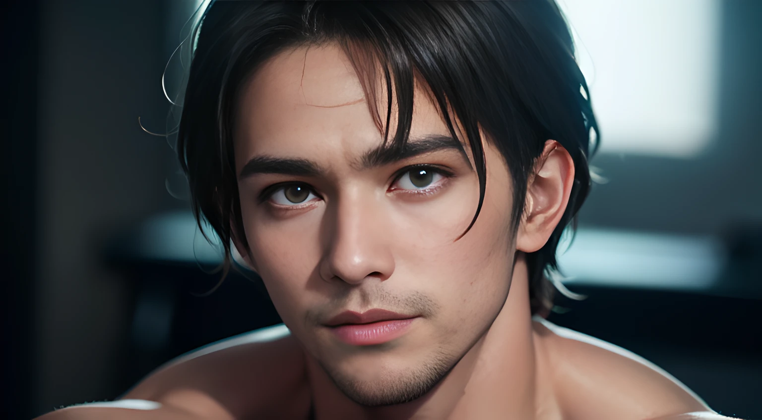(head shot), (one male gay handsome muscular man in their 30s), He resembles Leon Kennedy from Resident Evil, Tall, athletic build, short brown hair, piercing blue eyes, chiseled jawline, and a rugged yet handsome appearance, Mischievous smile, (small details: 1 in 1), natural muscles, HIG quality, beautifuleyes, (Detailed face and eyes), (Face、: 1 / 2), noise, real photograph、... ........................PSD, Sharp Focus, High resolution 8K, Realstic & Professional Photography, 8K UHD, Soft lighting, High quality, Film grain, FUJI XT3