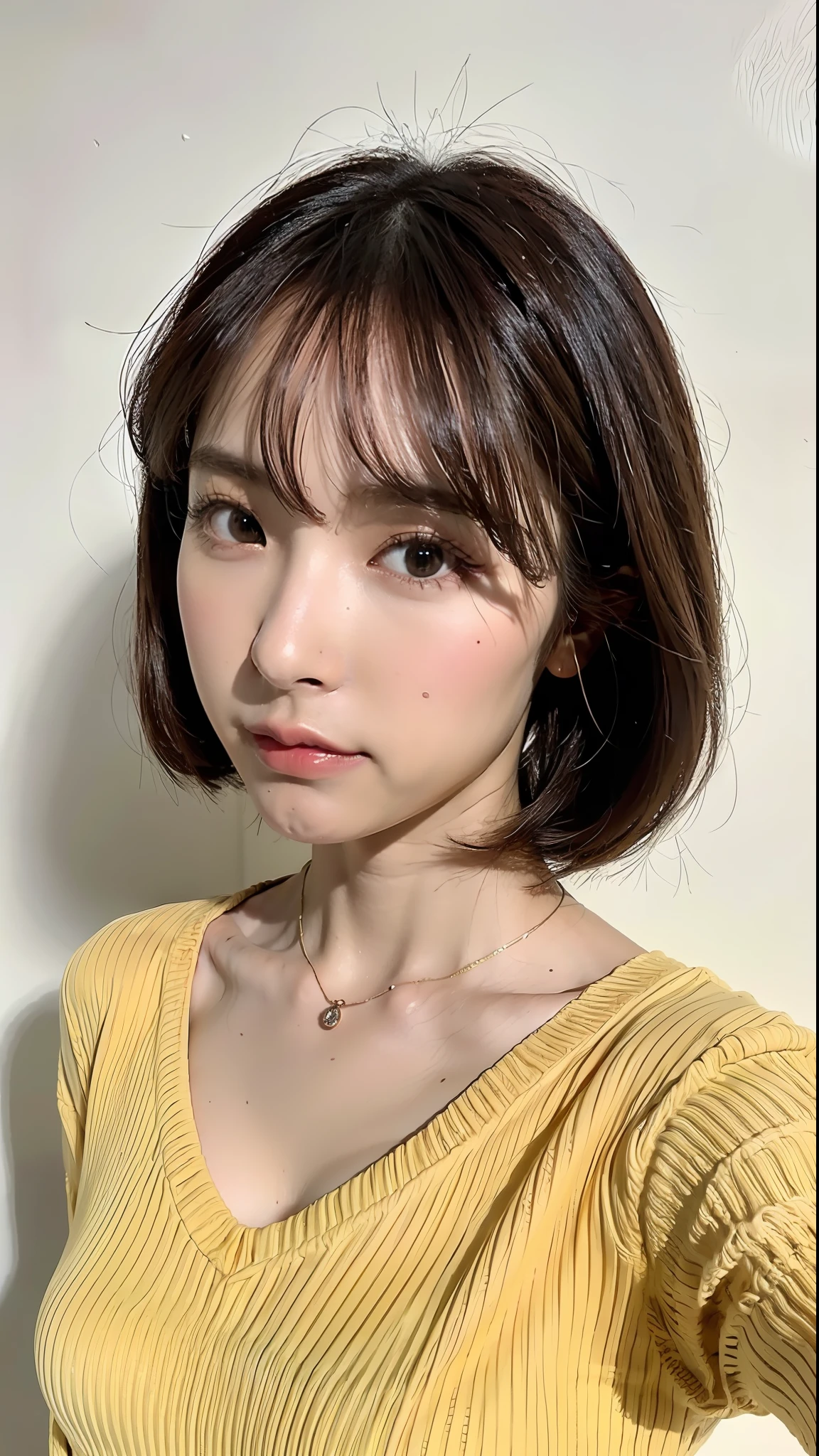 (Best quality, 8k, 32k, Masterpiece, UHD:1.2),Photo of Pretty Japanese woman, large breasts, very short bob hair,upper body,face focus,oversized_sweater, necklace, simple background, from above, looking at viewer,