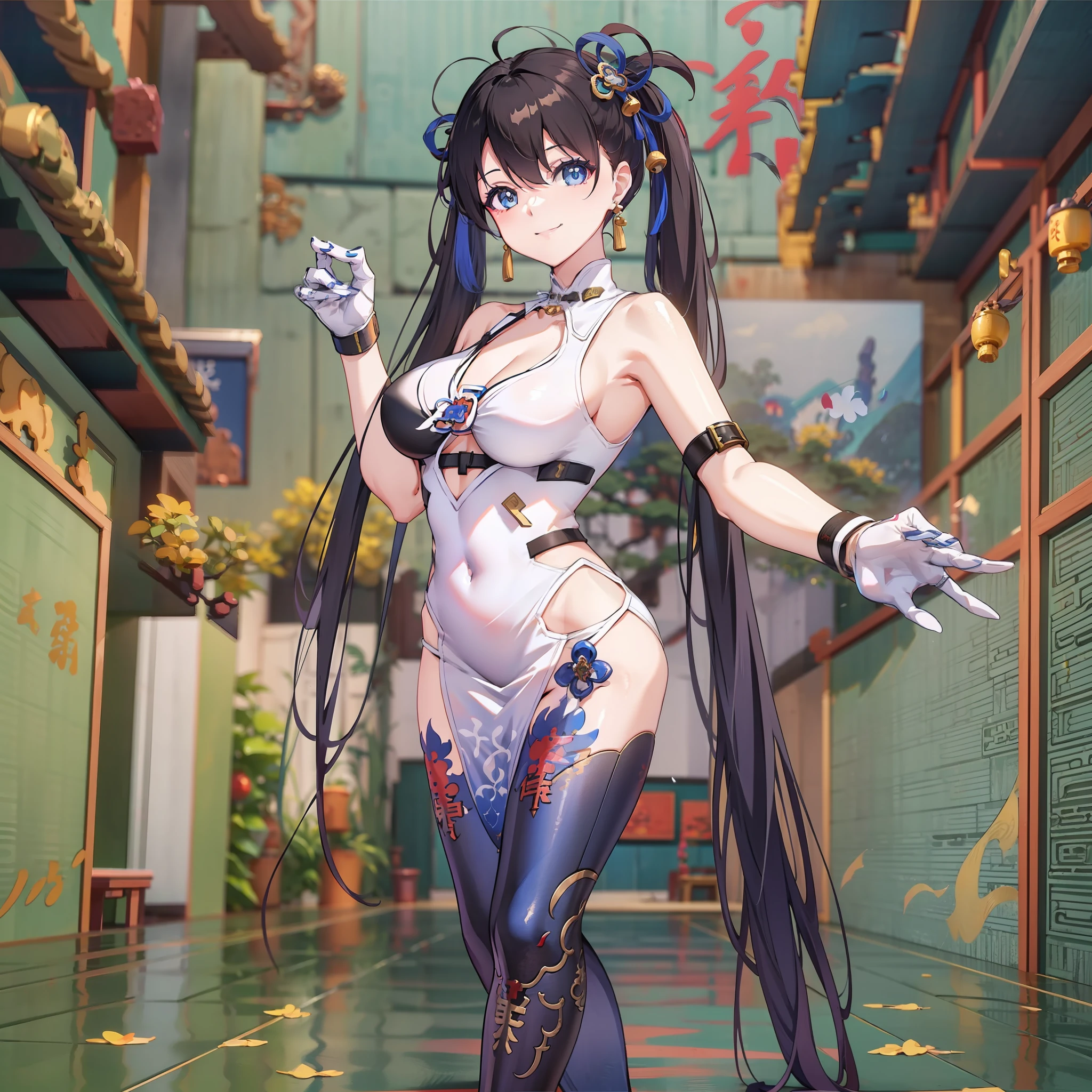 Anime Girl with long thin hair in 2 pigtails and blue ties, anime girl with black hair, off shoulder, Using a white blue cheongsam, smile, Dance style inside a traditional Chinese temple, blue eyes, masterpiece, UHD, Big eyes, full body