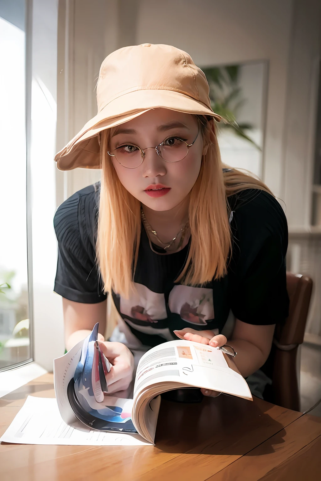 there is a woman reading a book on a table, taken with canon 8 0 d, chinese artist, Art student, taken with canon eos 5 d mark iv, pupils, author li zhang, mingchen shen, Photo portrait, photo of the girl, wenfei ye, xintong chen, color photo of, taken with canon eos 5 d, wearing a travel hat