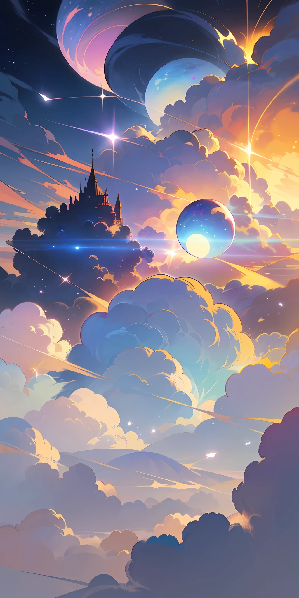 (Best quality),(masterpiece),(ultra detailed),(high detailed),(extremely detailed),Subject: Anime Sky Dreamscapes
Medium: Digital illustration or traditional painting.
Resolution: 4000x2000 pixels.
Color Palette: Soft pastel colors with a mix of vibrant hues.
Mood: Magical, ethereal, and serene.
Composition: Expansive skies with floating islands, whimsical clouds, and other dreamlike elements.
Lighting: Soft, diffused lighting with a warm, golden glow.
Style: Anime-inspired with a touch of fantasy and surrealism.
Details: Include elements such as shooting stars, colorful nebulae, fluffy clouds, and mystical creatures.
Inspiration: Anime fantasy worlds, Studio Ghibli films, surreal art, and celestial imagery.
Camera Setup: None (since it's a digital illustration).
Additional Notes: Emphasize the vastness and beauty of the sky by creating a sense of depth and space. Experiment with various cloud formations and shapes, ranging from fluffy cumulus clouds to wispy cirrus clouds. Incorporate celestial elements like moons, stars, and galaxies to enhance the dreamy atmosphere. Use soft brush strokes and blending techniques to create a seamless and ethereal look. Play with lighting effects, such as gentle rays of sunlight or glowing orbs, to add a magical touch. Consider adding whimsical creatures like flying dragons or floating jellyfish to bring a sense of wonder to the scene. Don't be afraid to let your imagination soar and create a dreamlike world that captures the essence of anime fantasy.