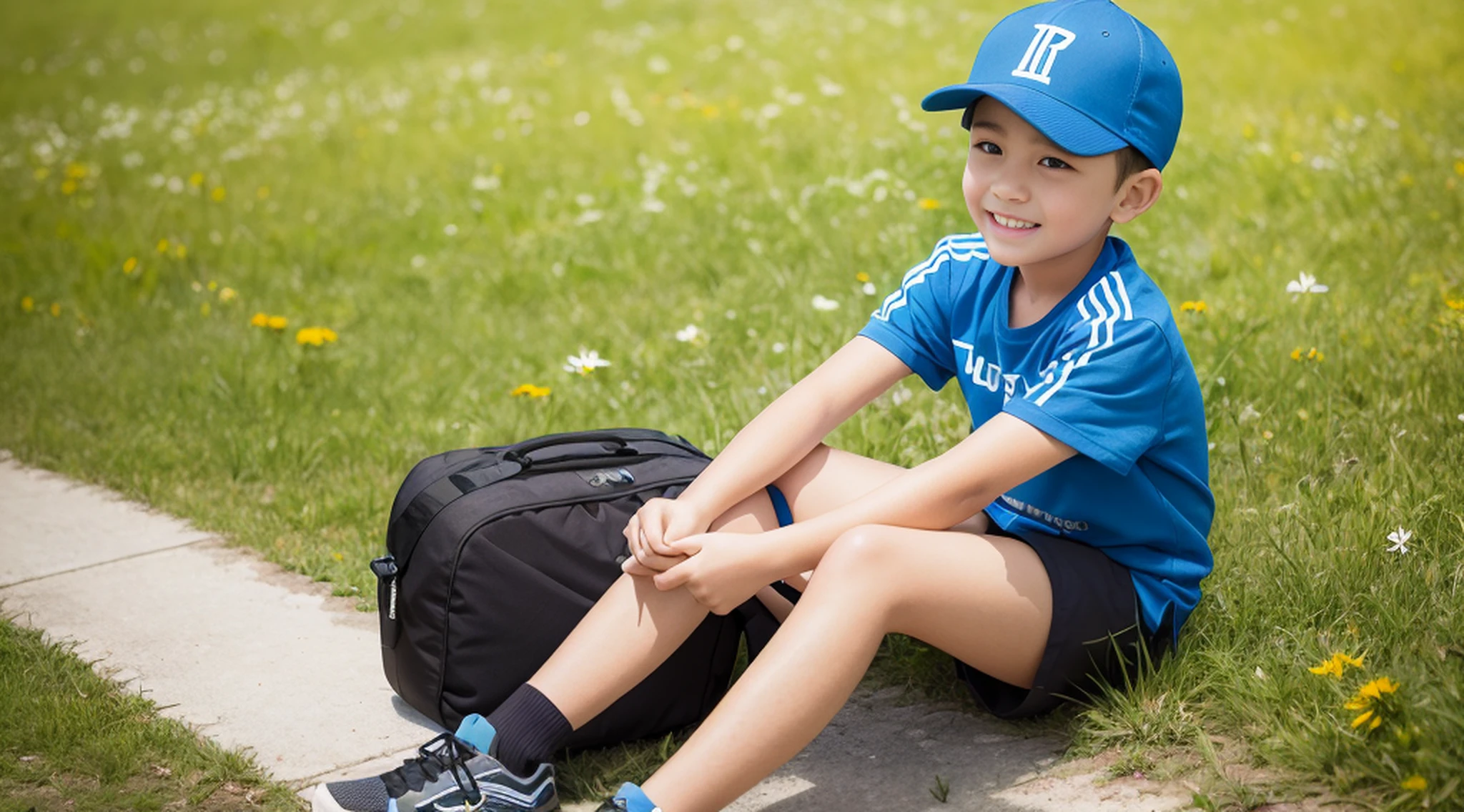 Outdoor cap，Libido boy，Outdoor attire，Carrying an outdoor bag，Take the map，Look into the distance，Happy expression，The whole body of the character，large grassland，Sit on the mound，beautiful weather