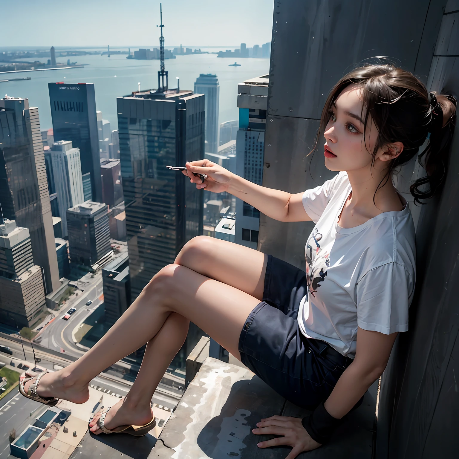 Woman sitting on a ledge, on top a skyscraper, city below, heights, acrophobia, fear of heights, scared expression, phone in hand, scared, terror, (natural skin texture, hyperrealism, soft light, sharp),