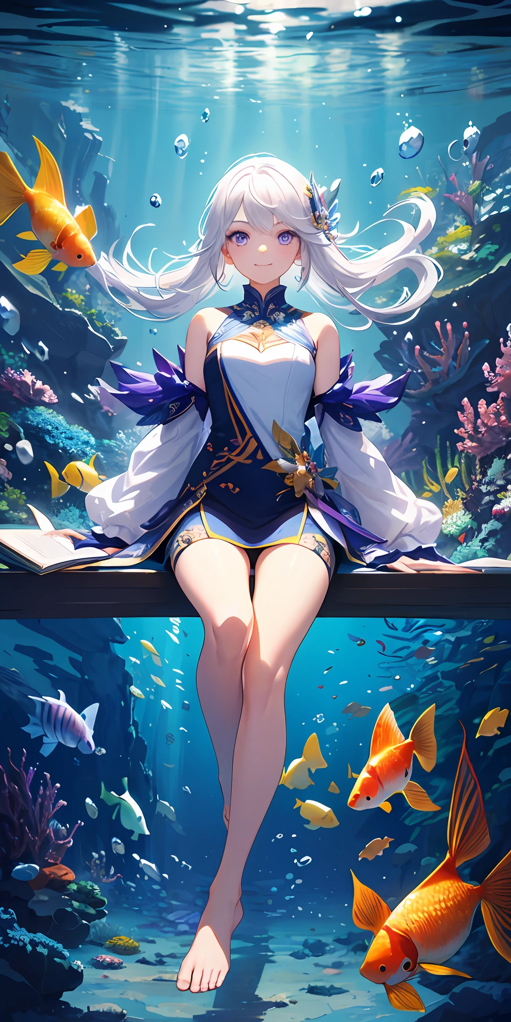 [(Transparent background:1.5)::5],(((masterpiece))),(((best quality))),(((extremely detailed))),illustration, 1girl,solo,mysterious,vivid color,shiny, underwater transparent sealed hemispherical glass dome, (white hair),(purple eyes), full body,barefoot,long hair tranquil nature, koi,Underwater, Dome,close up,Dynamic actions,Lens perspective,(((Box composition))),sit cross-legged and lean against the bookshel, volumetric lighting, multi-color eyes, detailed eyes, hyper detailed,light smile, highly detailed, beautiful, small details, ultra detailed, best quality, intricate, 4k, 8k, trending on artstation, good anatomy, beautiful lighting, award-winning,