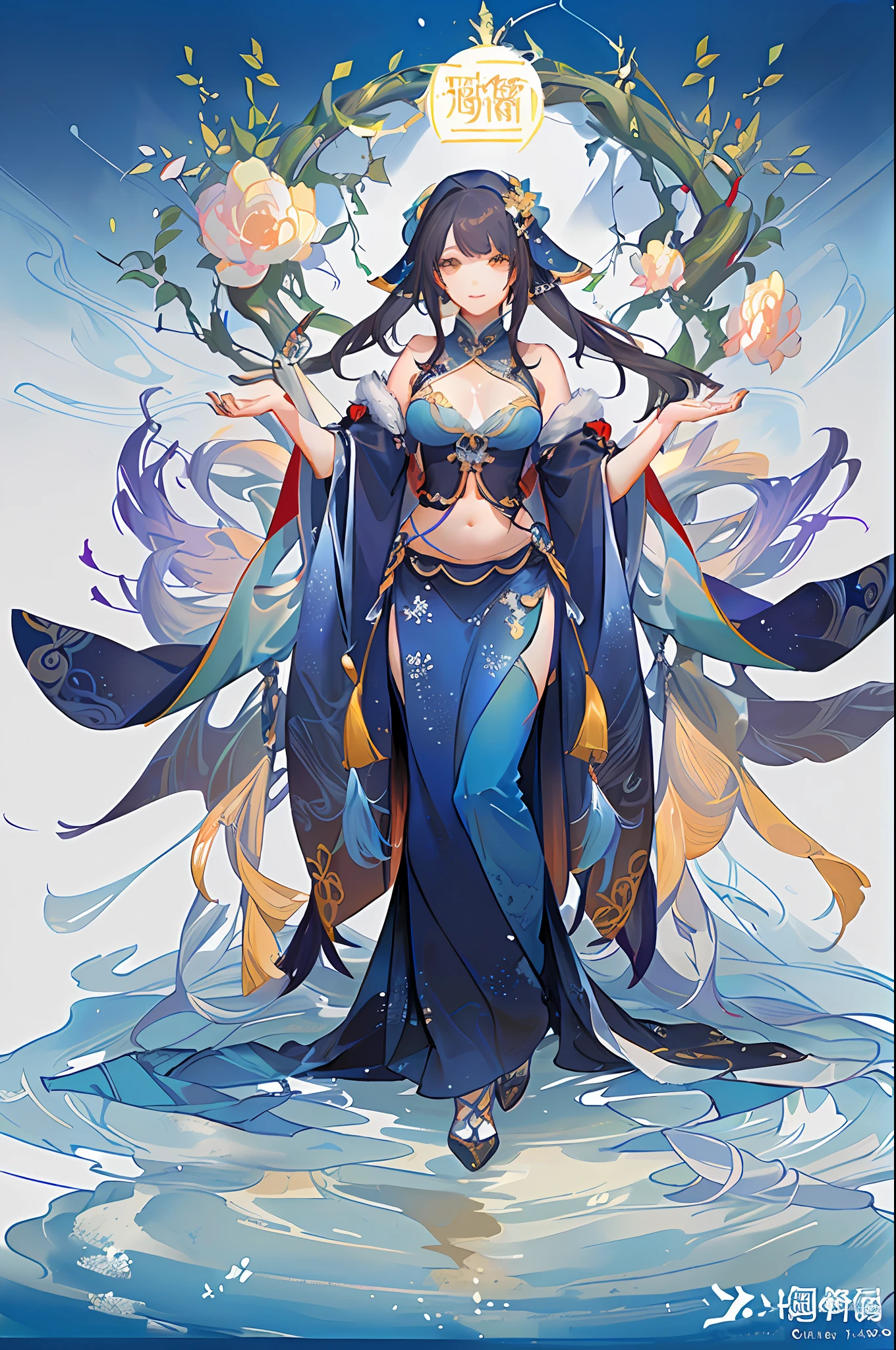 arafed image of a woman in a belly dance costume, alphonse mucha and rossdraws, by Yang J, inspired by Fenghua Zhong, full color illustration, a beautiful fantasy empress, inspired by Lan Ying, by Shen Zhou, a beautiful artwork illustration, by Qu Leilei, by Yan Hui, by Zeng Jing, by Lu Guang