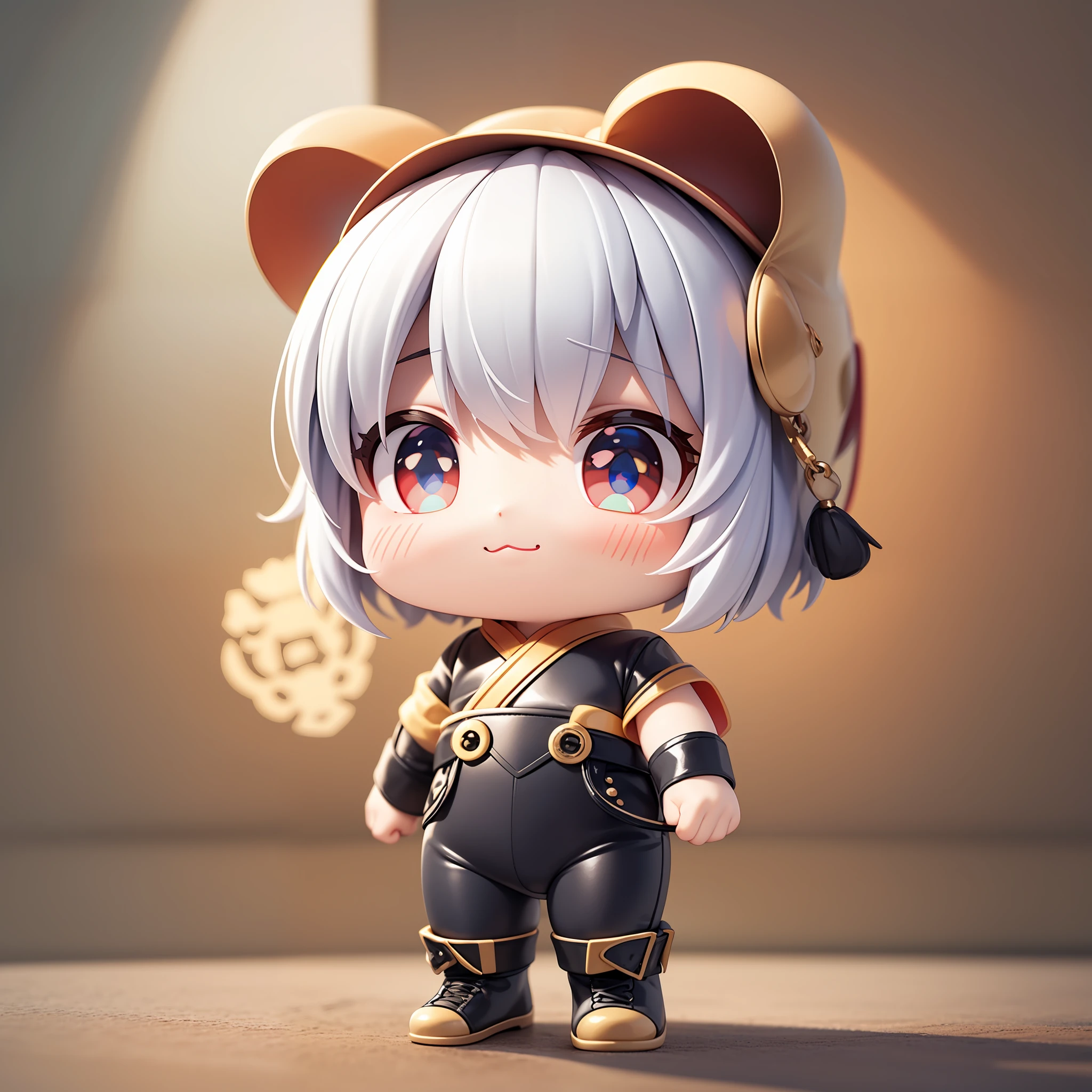 PopMart blind box IP, Chinese zodiac, super cute boy wearing rabbit shaped hat, technological elements, fashionable clothes, streamlined 3D/C4D production: 8K HD picture quality/lighting/ultra-fine lens depiction 1.5, flawless, chibi background/cinematic sense.