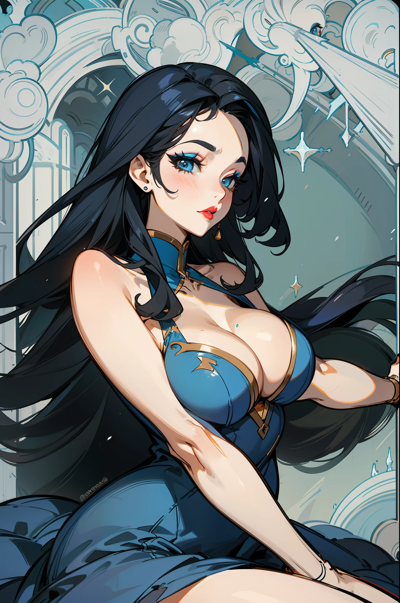 A sensual woman with long black hair, large breasts, thick thighs, blue eyes, makeup, red lipstick on her lips, shuddering beauty, seductive look, wearing a blue dress, multiple poses, shapes and expressions, hair in the wind.