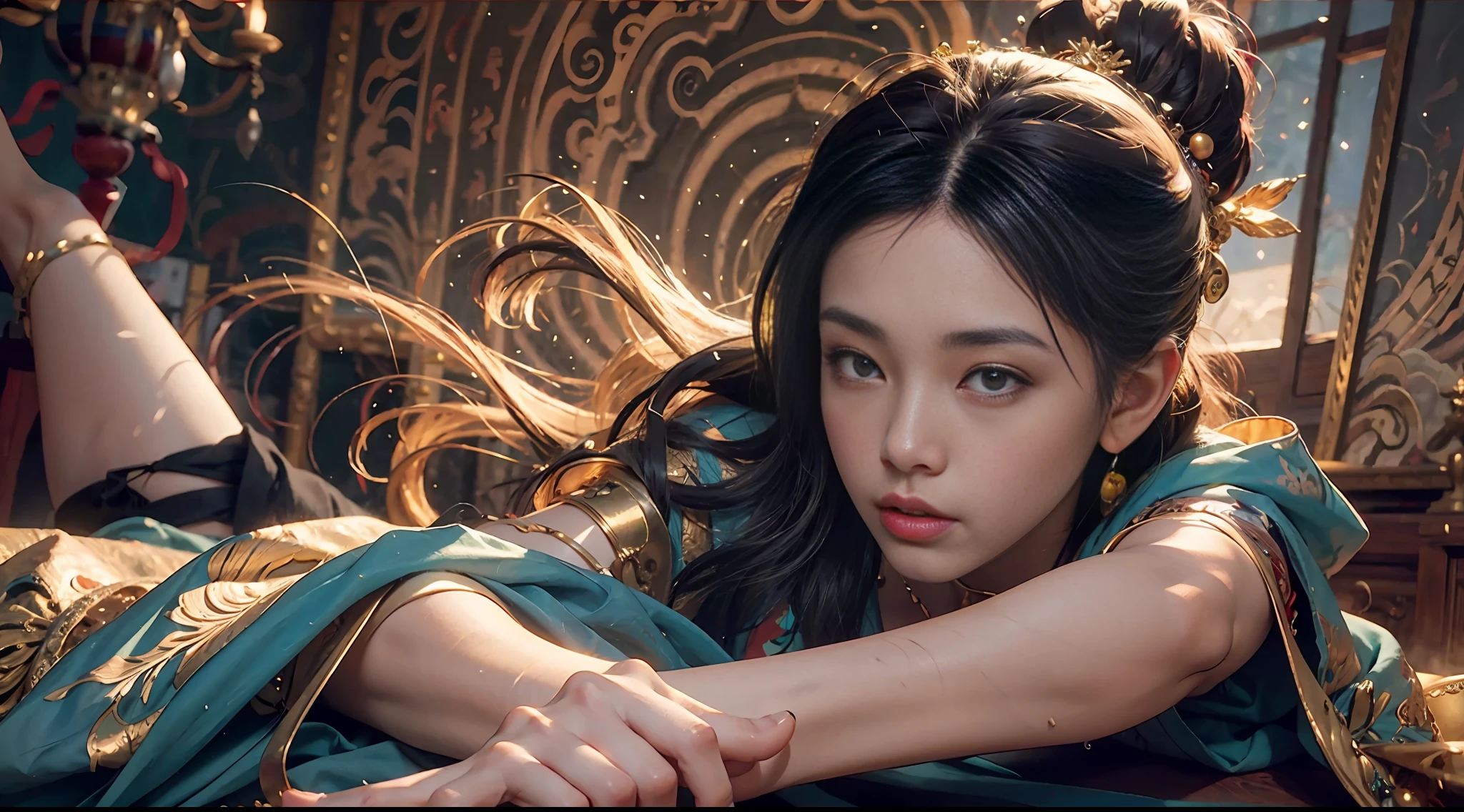 (RAW Photo, Best Quality), (Realistic, Photo Realistic: 1.3), Best Quality, Highly Detailed, Masterpiece, Hyperdetail, Illustration, 1 Girl, Forehead with Painting, upper_body, Dynamic Angle, World Masterpiece Theater, messy_long_hair, Best Quality, Extremely Detailed CG Unified 8k Wallpaper, Ink, Amazing, Cinematic Lighting, lens_flare,dunhuang_style