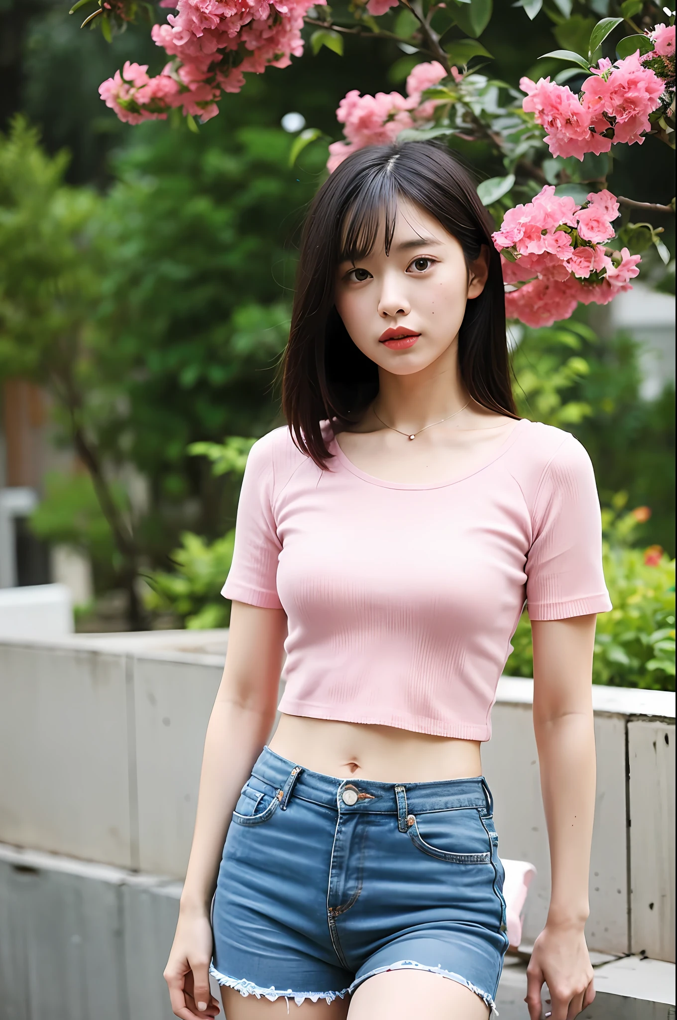 (Highly detailed body,Highly detailed face,the best quality:1.2) ,a woman with,Look at Audience,(Pink slip top,Casual shorts),(Pink bougainvillea chaos in the background:1.4)